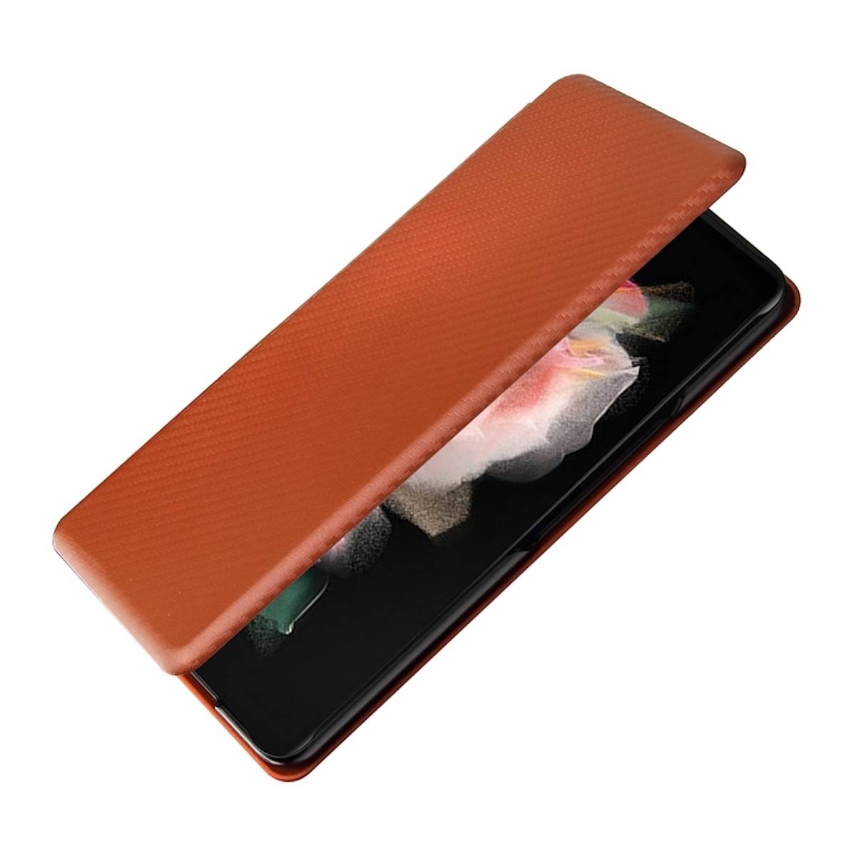 Für Samsung Galaxy Z Fold4 5G Carbon Kunstleder Handy Tasche Hülle Etuis Braun