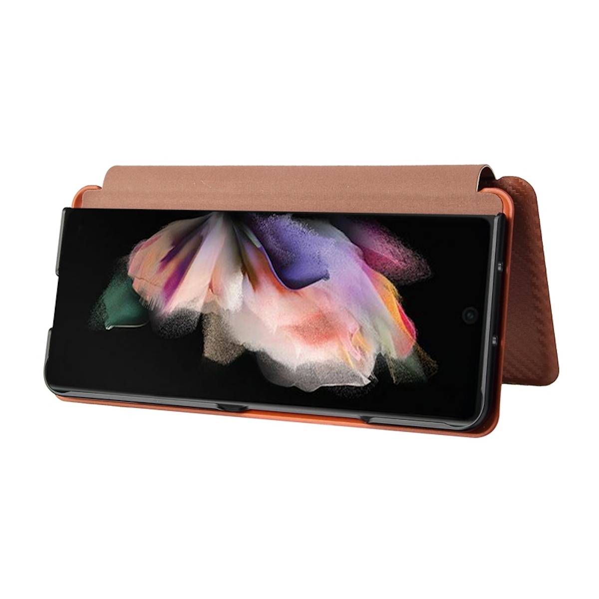 Für Samsung Galaxy Z Fold4 5G Carbon Kunstleder Handy Tasche Hülle Etuis Braun