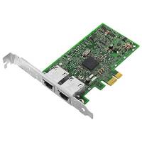 Eine rechteckige grüne Leiterplatte mit zwei Ethernet-Anschlüssen, verschiedenen elektronischen Komponenten und einer Metallhalterung zur Montage in einem Computer.