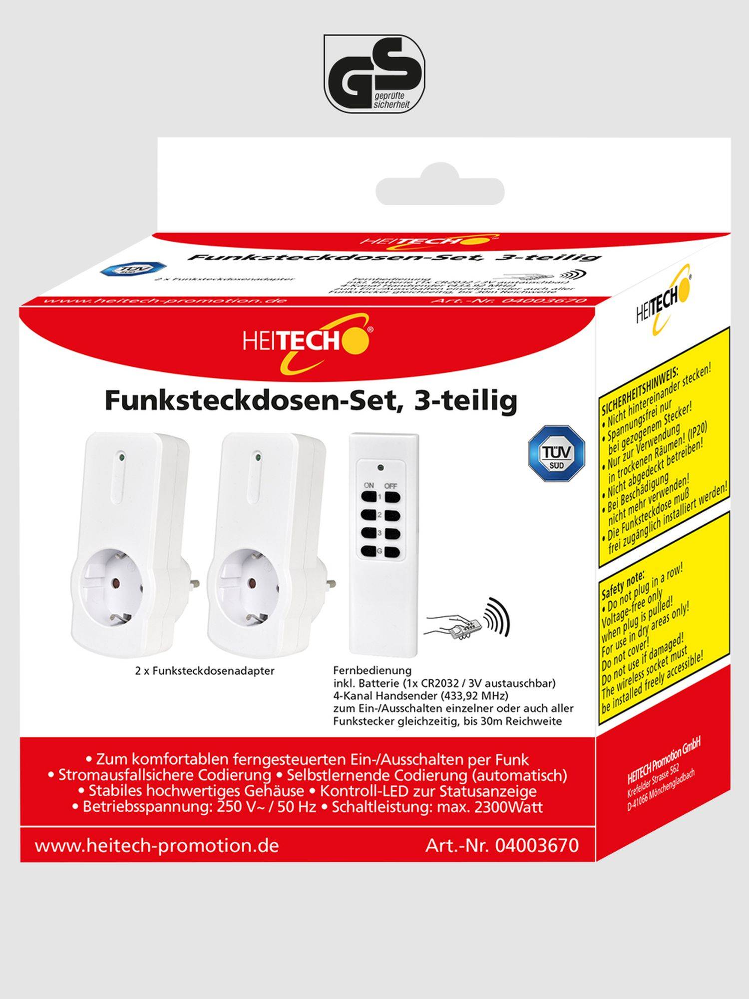 Heitech 2-teiliges Funksteckdosen-Set mit Fernbedienung, Funksteckdose für den Innenbereich, IP20