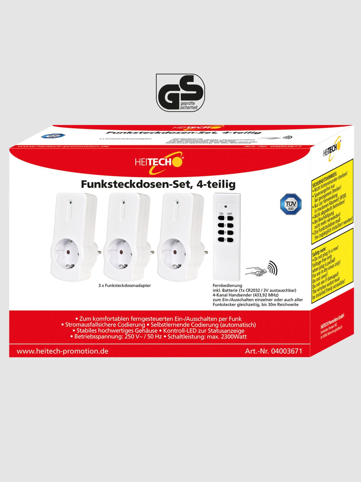 Heitech 3-teiliges Funksteckdosenset mit Fernbedienung, Funksteckdose für den Innenbereich, IP20