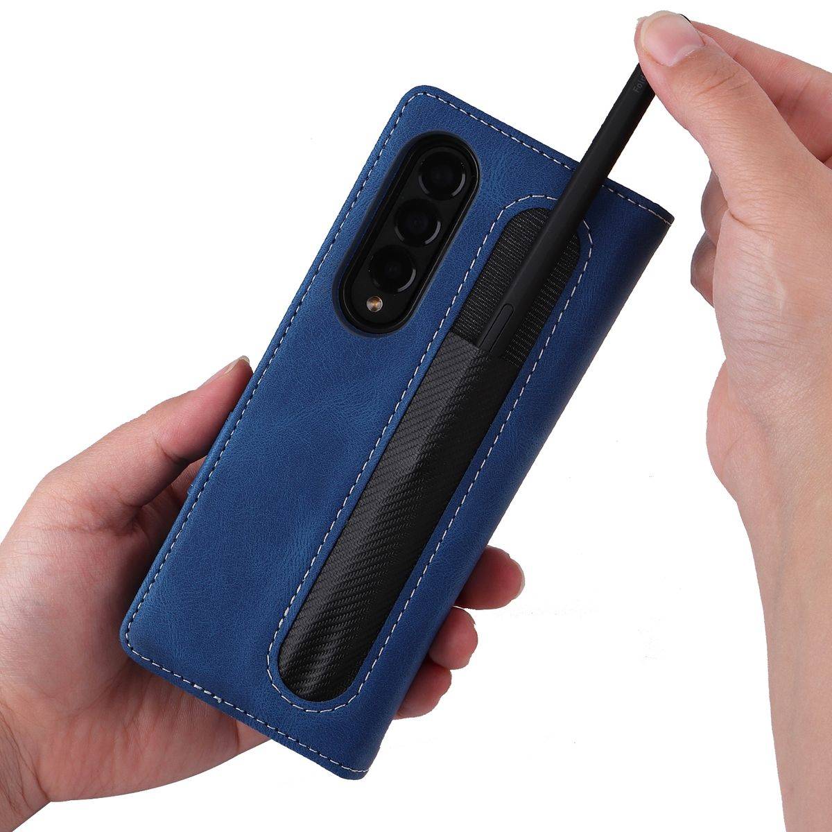 Für Samsung Galaxy Z Fold4 5G Leder Handy Tasche Abnehmbar Hülle Etuis Blau + Stift Halterung
