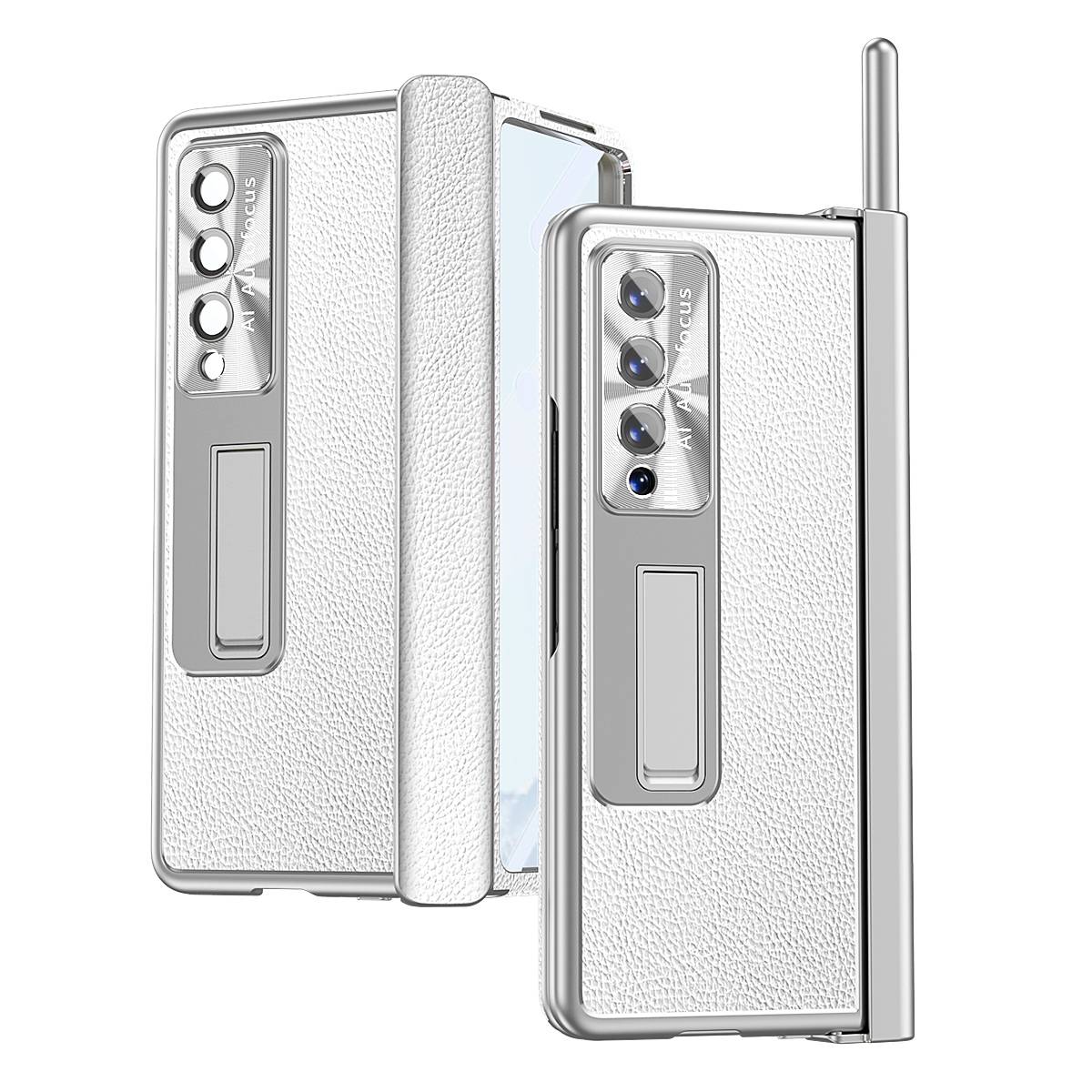 Für Samsung Galaxy Z Fold4 5G Magnetische Kunststoff / Glas Handy Tasche Hülle Etuis Silber + Stift