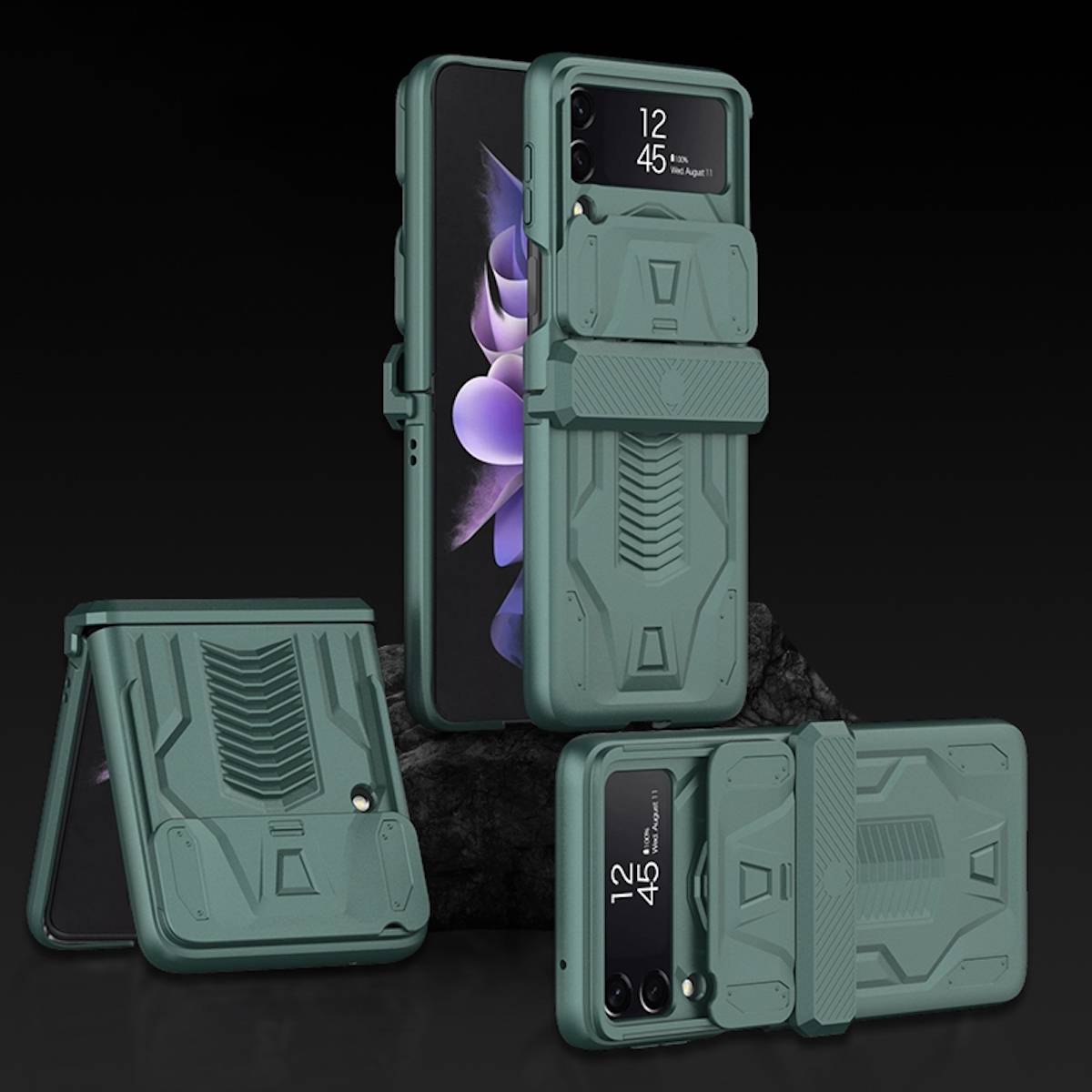 Für Samsung Galaxy Z Flip4 5G Outdoor Kunststoff Armor Magnet Kamera Schild Hart Cover Handy Tasche Hülle Etuis Grün