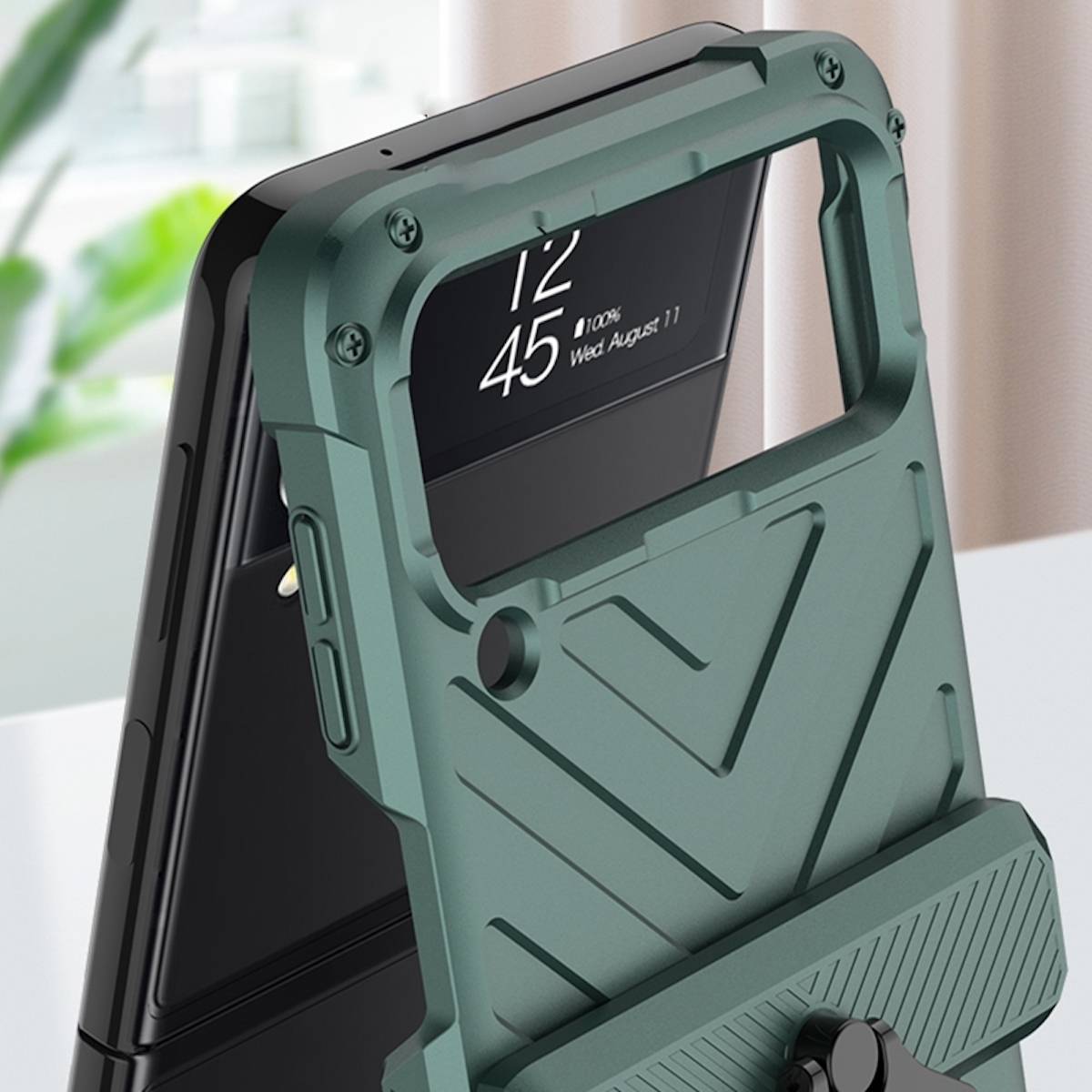 Für Samsung Galaxy Z Flip4 5G Outdoor Kunststoff Armor Magnet Kamera Schild Hart Cover Handy Tasche Hülle Etuis Grün