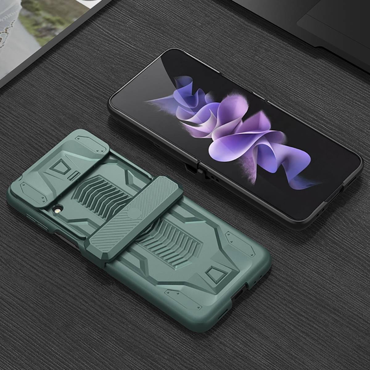 Für Samsung Galaxy Z Flip4 5G Outdoor Kunststoff Armor Magnet Kamera Schild Hart Cover Handy Tasche Hülle Etuis Grün