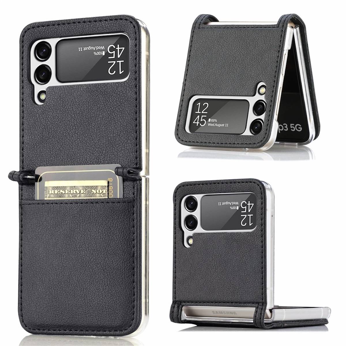 Für Samsung Galaxy Z Flip4 5G Design Kartenfach Kunstleder Handy Tasche Hülle Etuis Schwarz