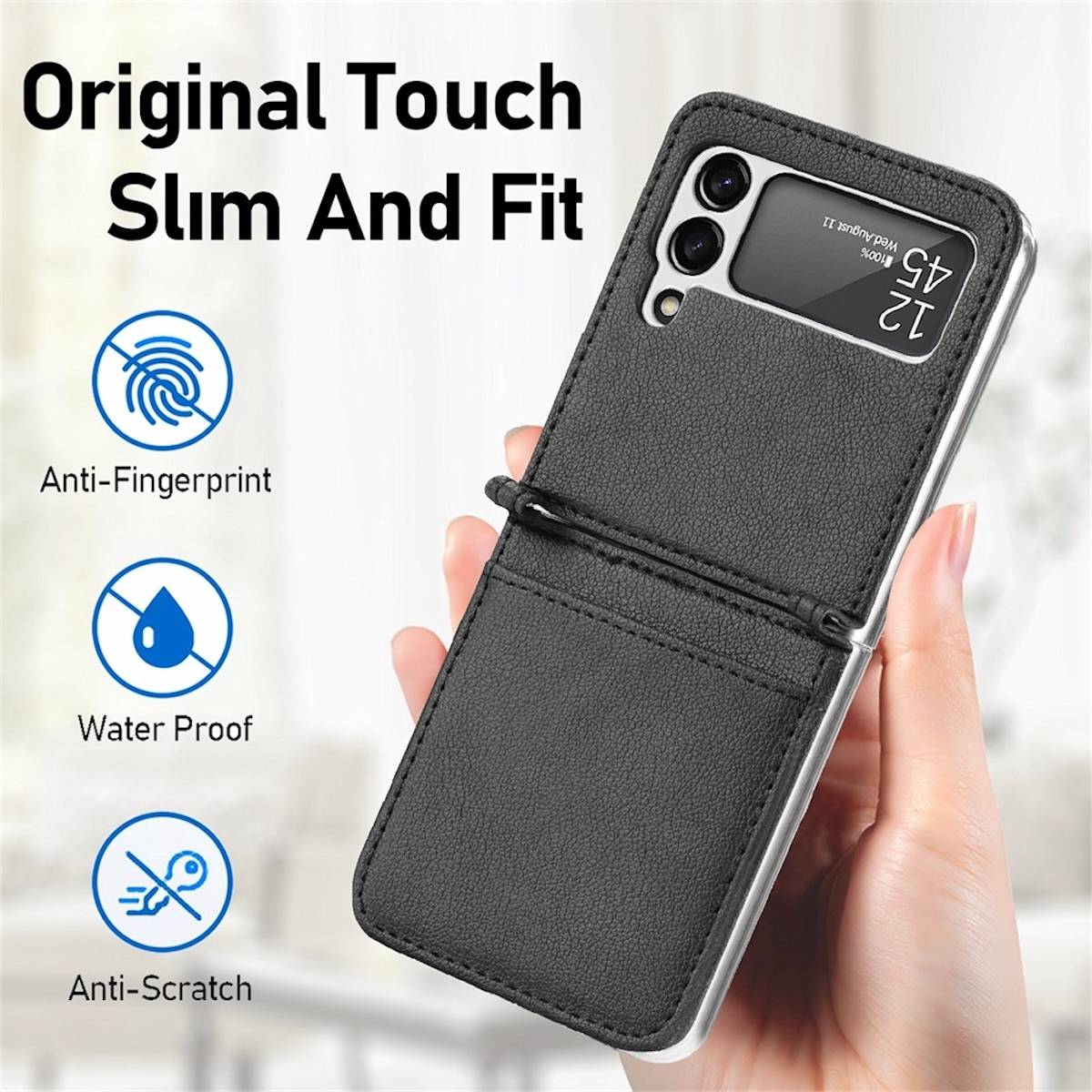 Für Samsung Galaxy Z Flip4 5G Design Kartenfach Kunstleder Handy Tasche Hülle Etuis Schwarz