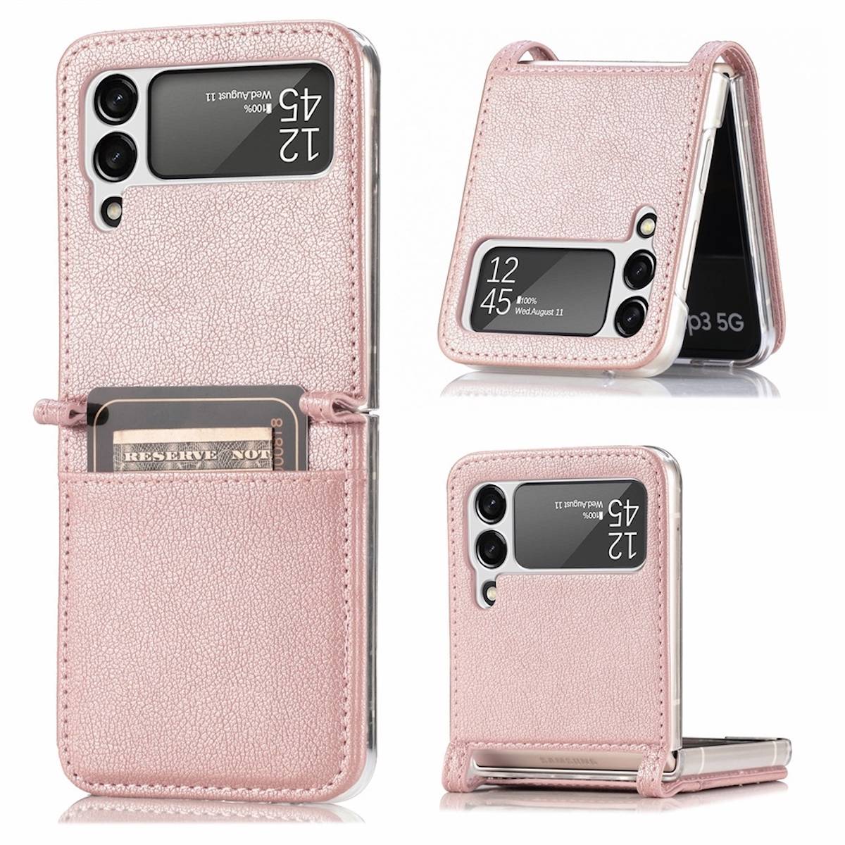 Für Samsung Galaxy Z Flip4 5G Design Kartenfach Kunstleder Handy Tasche Hülle Etuis Pink