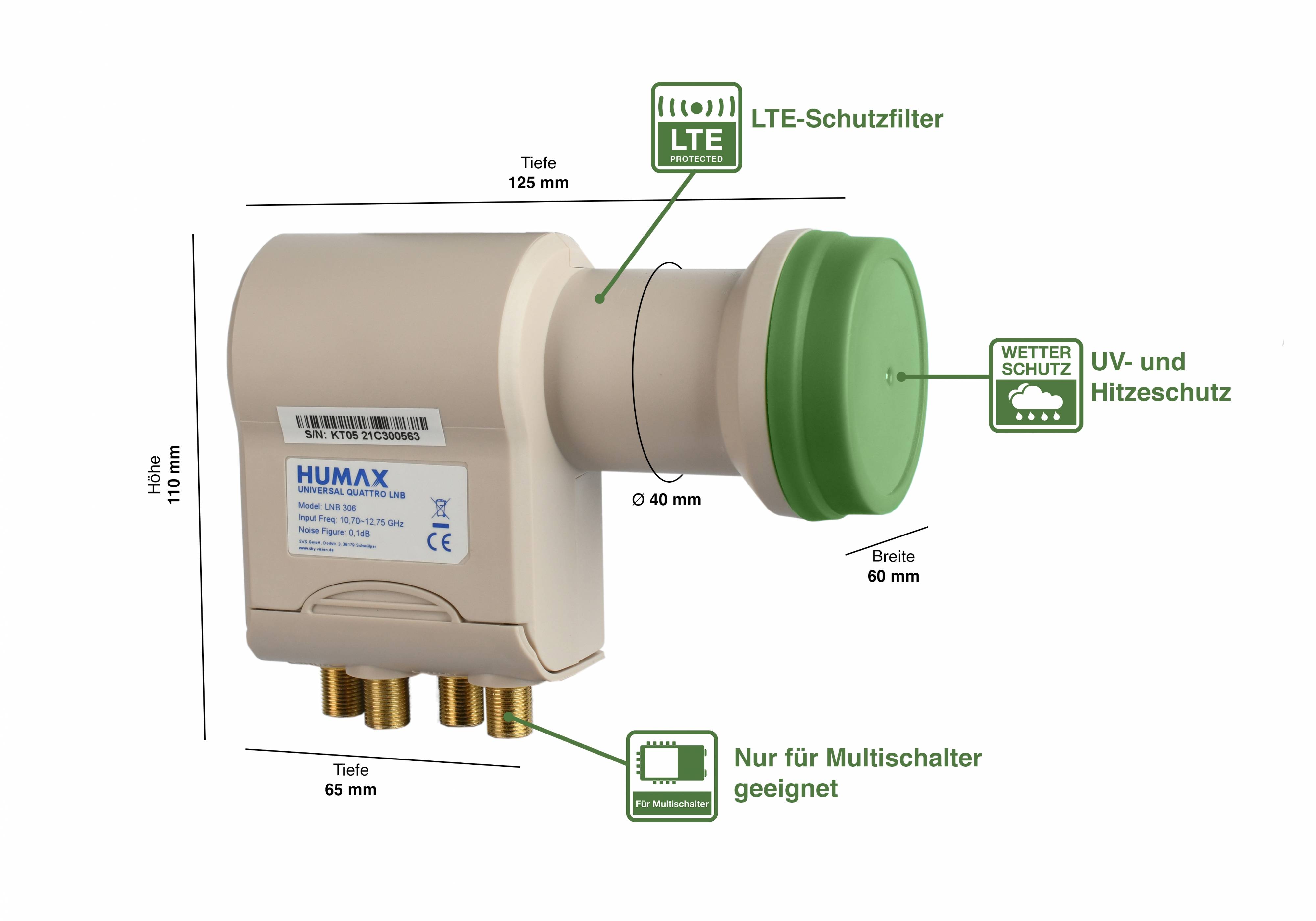 Humax Green Power Quattro LNB für Multischalter, Wetterschutz, LTE Filter