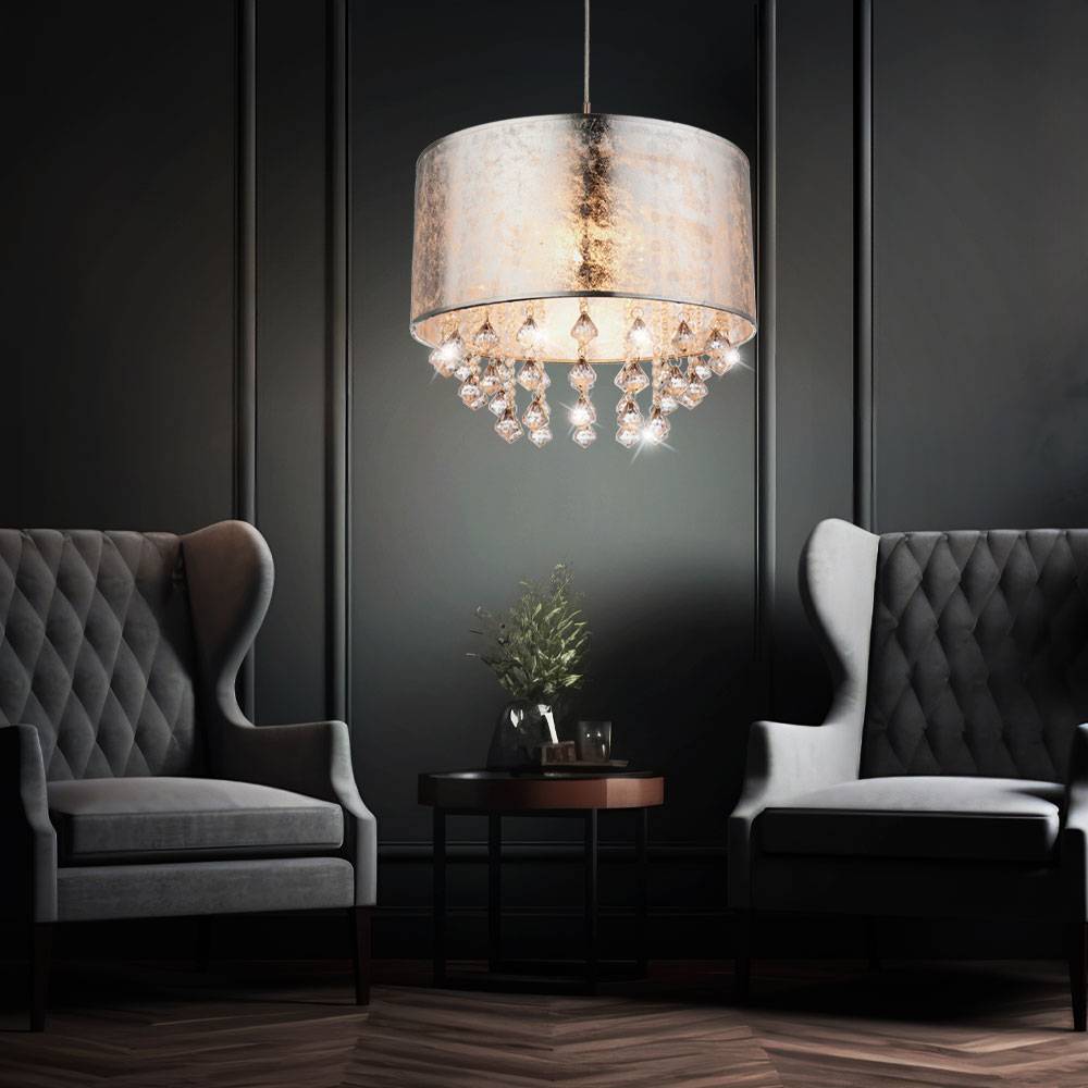 Hängeleuchte Textilschirm Pendelleuchte Kristalle silber Hängelampe Esstischleuchte Stoff, Nickel matt, klar, 1x E27 Fassung, DxH 40x140 cm