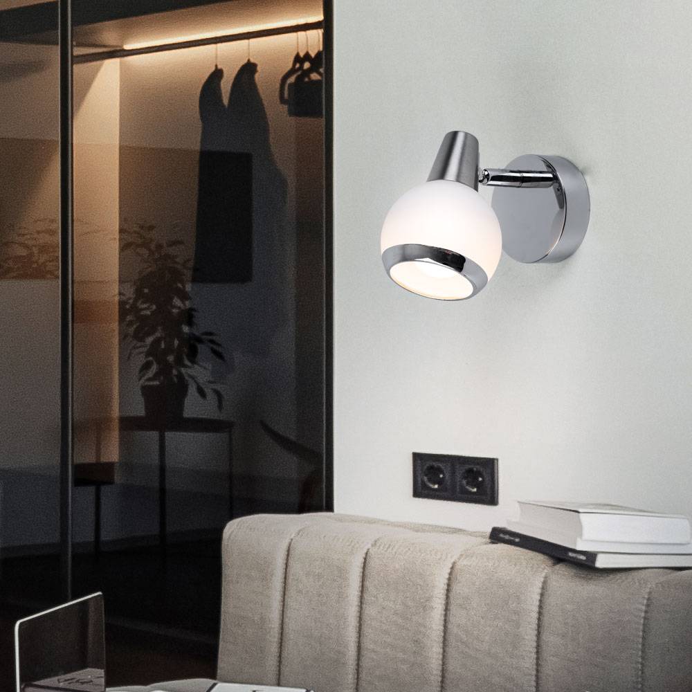 Wandleuchte Wandlampe Schlafzimmerlampe LED Glas chrom Wandstrahler, opal, 1x LED 3W 300Lm 3000K, BxH 8x11,5 cm