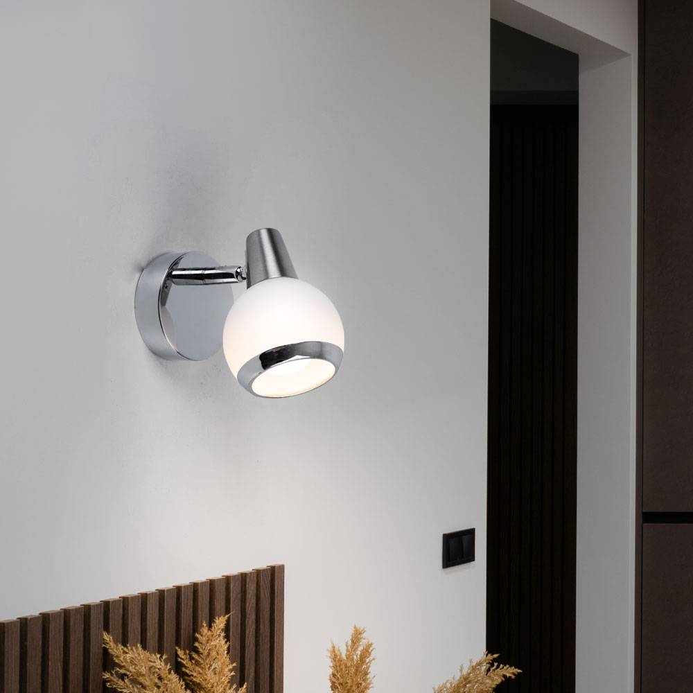 Wandleuchte Wandlampe Schlafzimmerlampe LED Glas chrom Wandstrahler, opal, 1x LED 3W 300Lm 3000K, BxH 8x11,5 cm