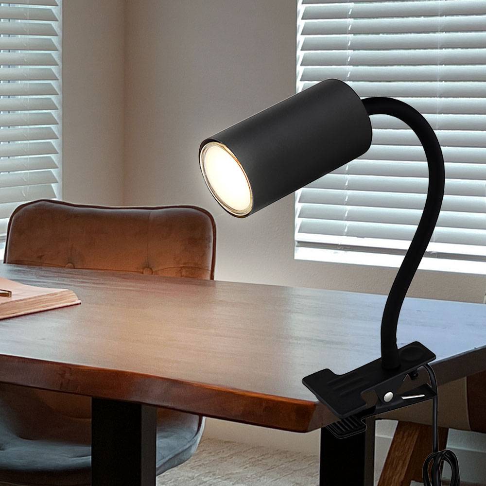Schreibtischlampe klemmbar Schwanenhals Leselampe Bett Klemme Klemmleuchte Schreibtisch, Metall schwarz, flexibler Arm, GU10, LxBxH 29x10x41,5 cm
