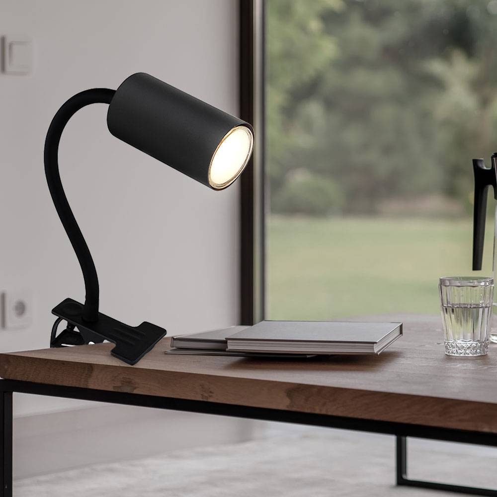 Schreibtischlampe klemmbar Schwanenhals Leselampe Bett Klemme Klemmleuchte Schreibtisch, Metall schwarz, flexibler Arm, GU10, LxBxH 29x10x41,5 cm