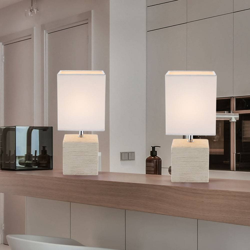 Tischleuchte Schlafzimmer Stoffschirm Nachttischleuchte Keramik Modern Tischlampe Textil, weiß beige, 1x E14 Fassung, LxBxH 13x11x29 cm, 2er Set