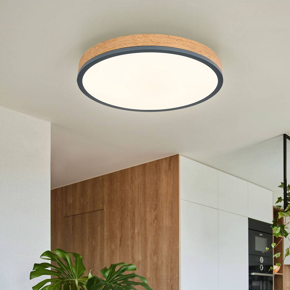 Deckenleuchte rund Holz dimmbar LED Deckenlampe mit Fernbedienung Holzlampe Decke Wohnzimmer, CCT Timer Memoryfunktion, 24W 1800Lm, DxH 45x8,5 cm