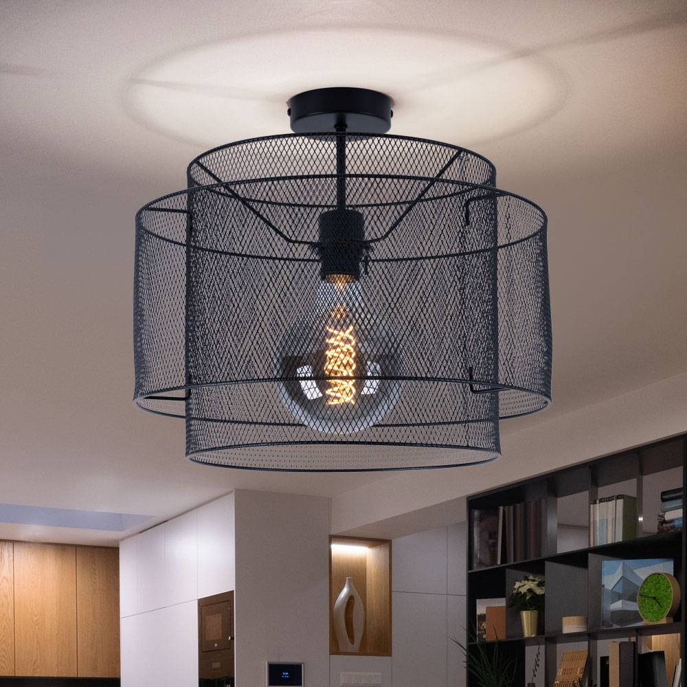 Deckenleuchte Metall Deckenlampe schwarz rund Esszimmer Käfig Lampe Beleuchtung in Gitterform, Fassung 1x E27, DxH 40x35 cm