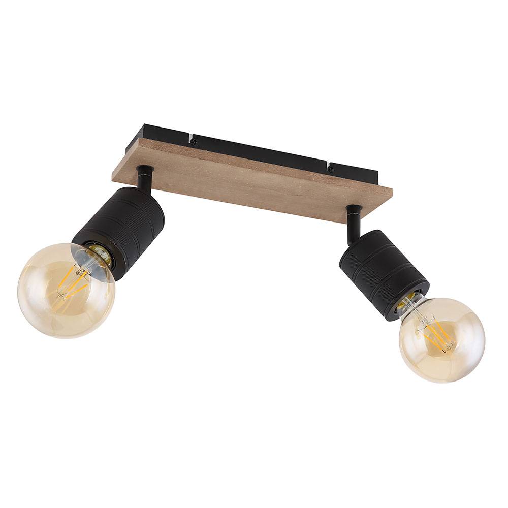 Spotleuchte Wohnzimmerlampe Deckenleuchte 2 flammig Spots beweglich Holzoptik, Metall schwarz, 2x E27 Fassungen, LxBxH 31x10x18 cm