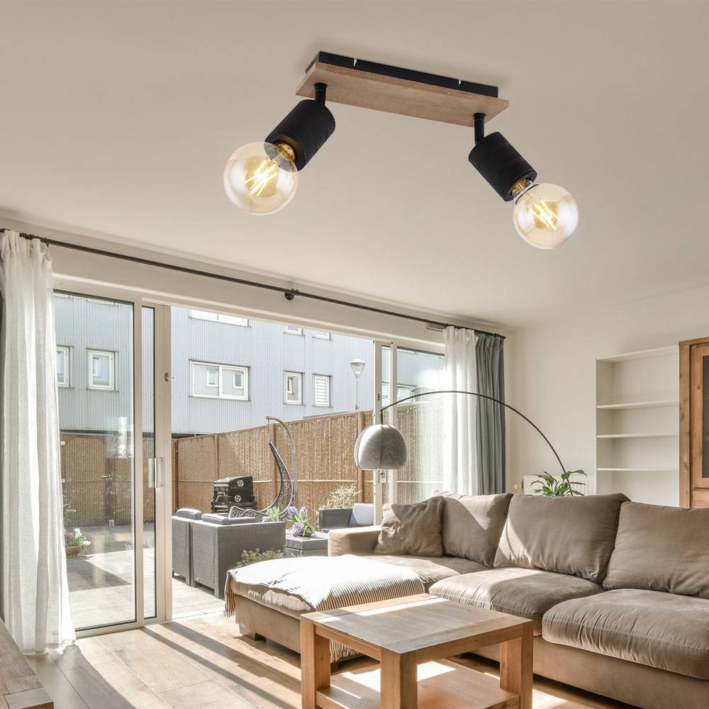 Spotleuchte Wohnzimmerlampe Deckenleuchte 2 flammig Spots beweglich Holzoptik, Metall schwarz, 2x E27 Fassungen, LxBxH 31x10x18 cm