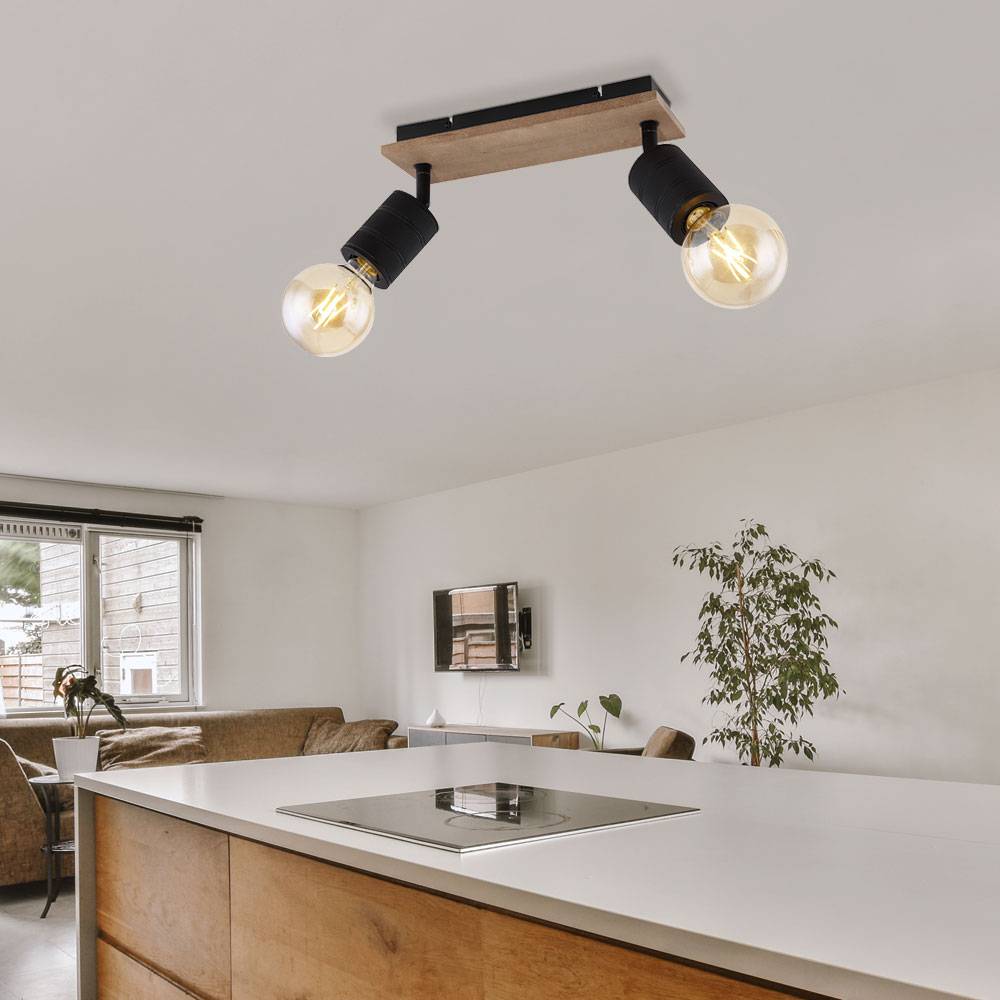 Spotleuchte Wohnzimmerlampe Deckenleuchte 2 flammig Spots beweglich Holzoptik, Metall schwarz, 2x E27 Fassungen, LxBxH 31x10x18 cm