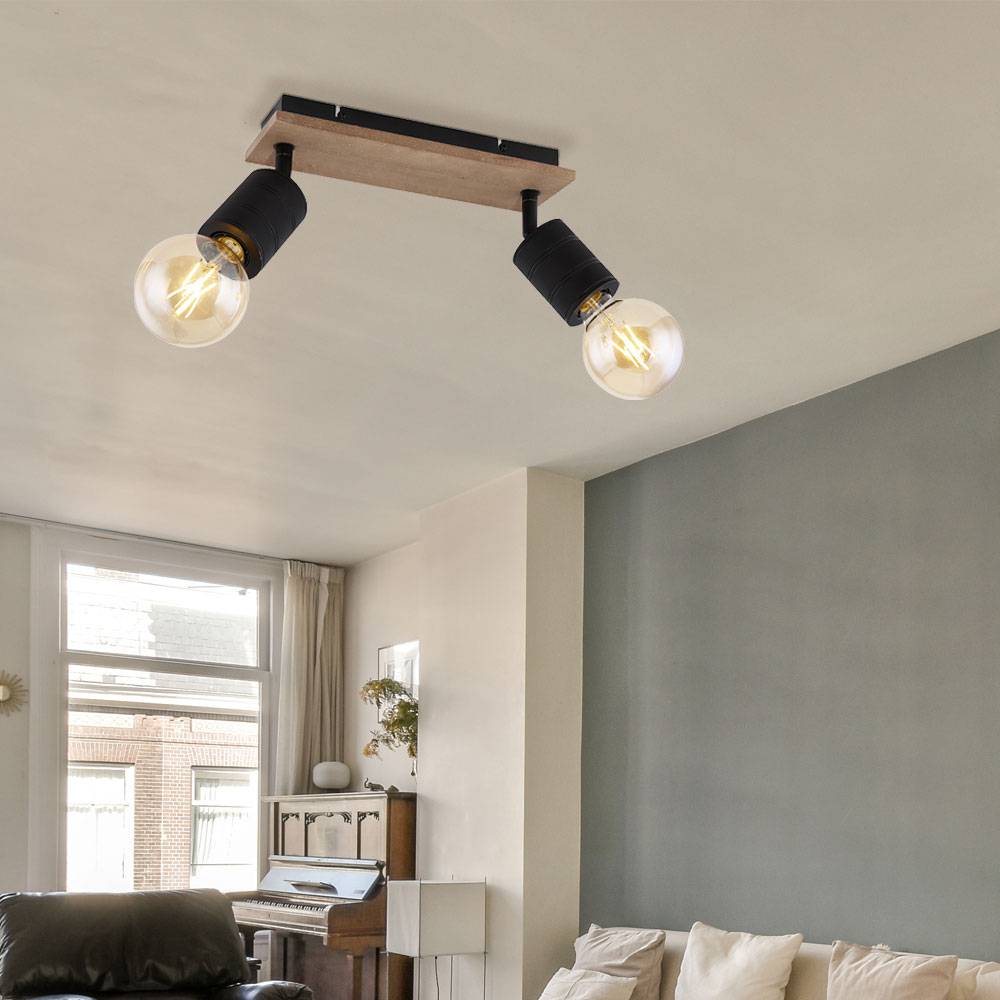 Spotleuchte Wohnzimmerlampe Deckenleuchte 2 flammig Spots beweglich Holzoptik, Metall schwarz, 2x E27 Fassungen, LxBxH 31x10x18 cm