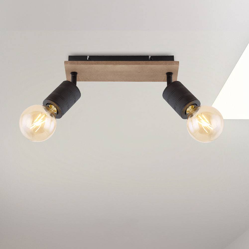 Spotleuchte Wohnzimmerlampe Deckenleuchte 2 flammig Spots beweglich Holzoptik, Metall schwarz, 2x E27 Fassungen, LxBxH 31x10x18 cm