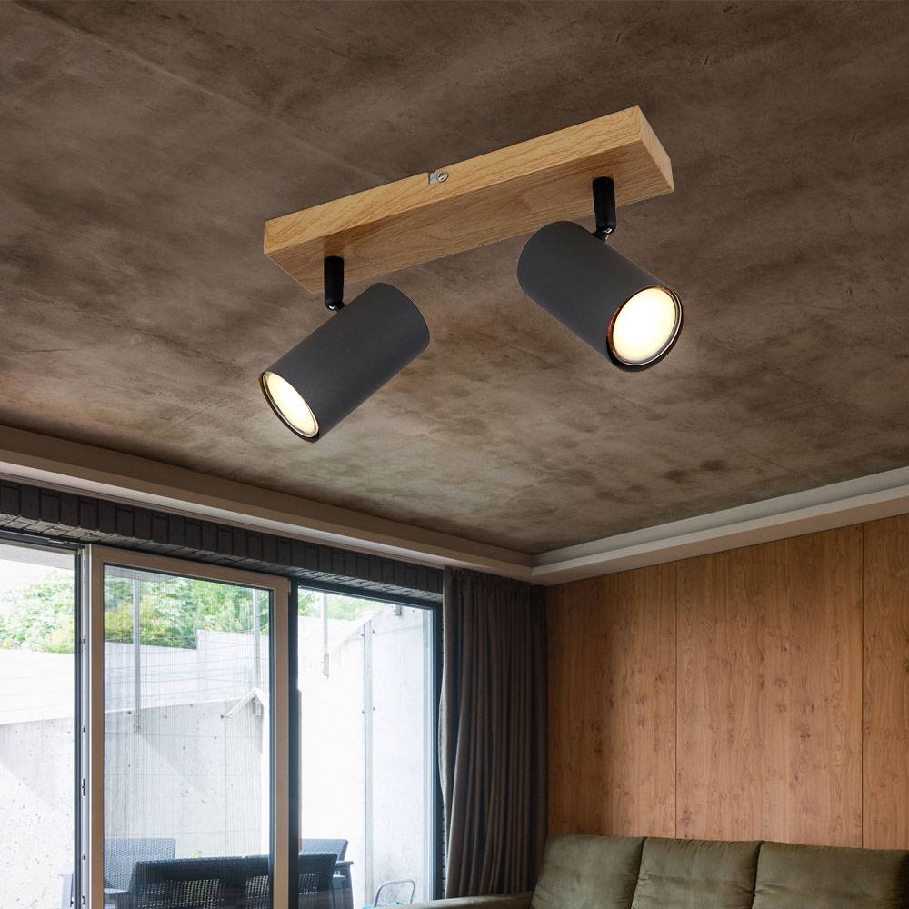 Deckenstrahler 2 flammig Deckenleuchte beweglich Spotleuchte schwarz Holzoptik, Spots verstellbar, Metall graphit, 2x GU10 Fassungen, LxBxH 26x6x12