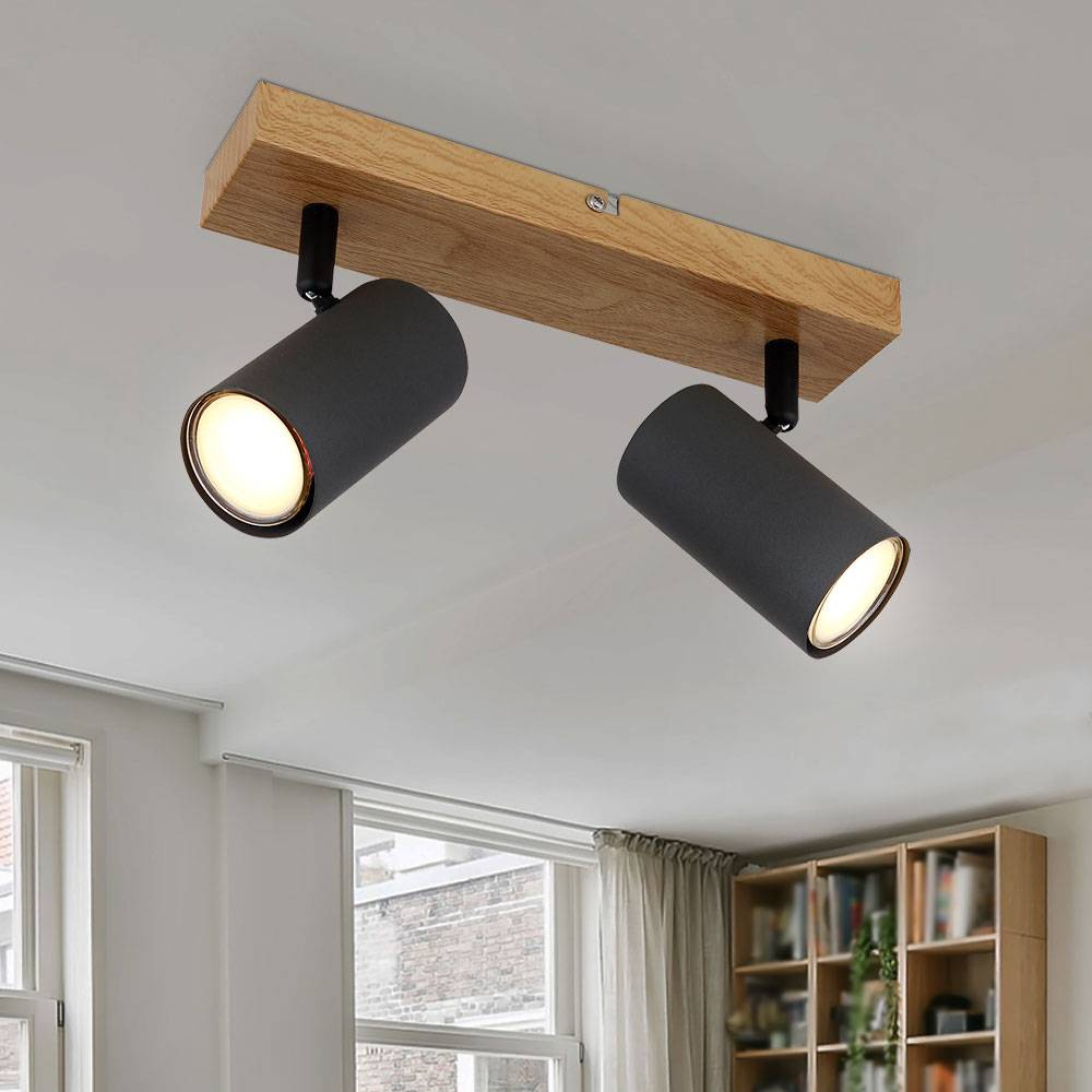 Deckenstrahler 2 flammig Deckenleuchte beweglich Spotleuchte schwarz Holzoptik, Spots verstellbar, Metall graphit, 2x GU10 Fassungen, LxBxH 26x6x12