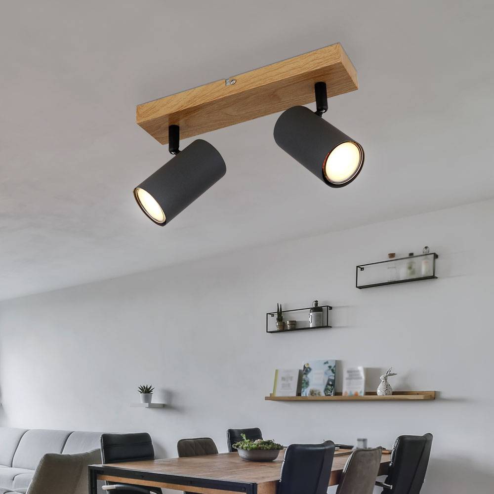 Deckenstrahler 2 flammig Deckenleuchte beweglich Spotleuchte schwarz Holzoptik, Spots verstellbar, Metall graphit, 2x GU10 Fassungen, LxBxH 26x6x12