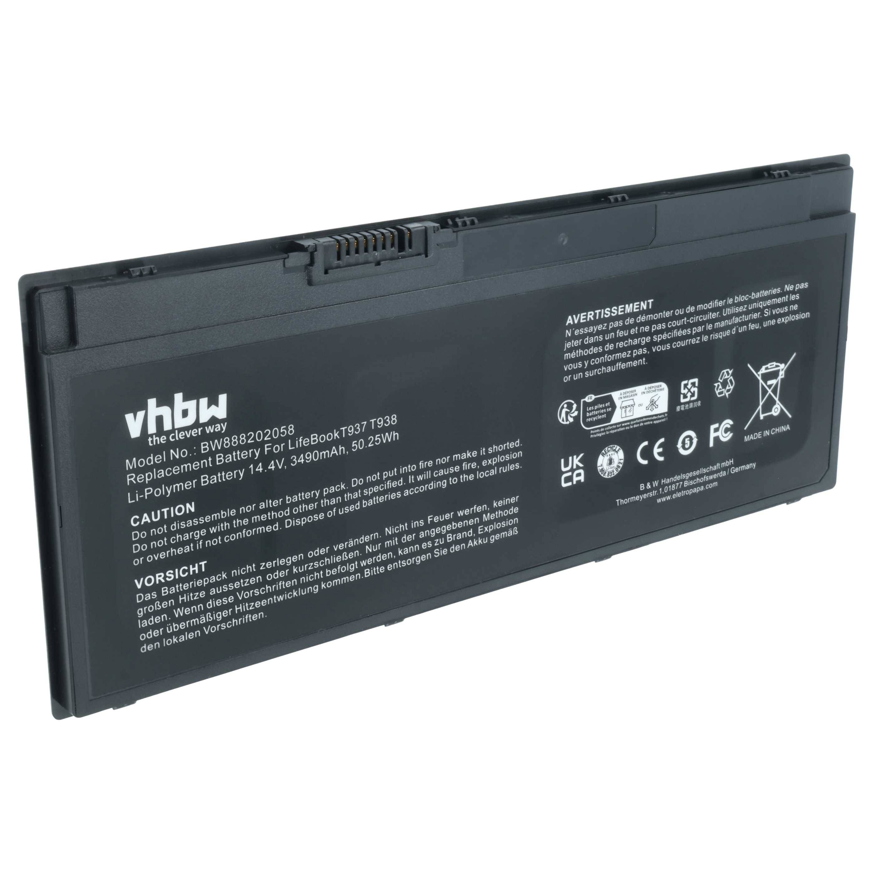 Schwarzer Laptop-Akku der Marke 'vhbw', Modell '8888702058', Ersatz für 'HP EliteBook 7397 7938', 14,8V, 3490mAh, Sicherheitssymbole.