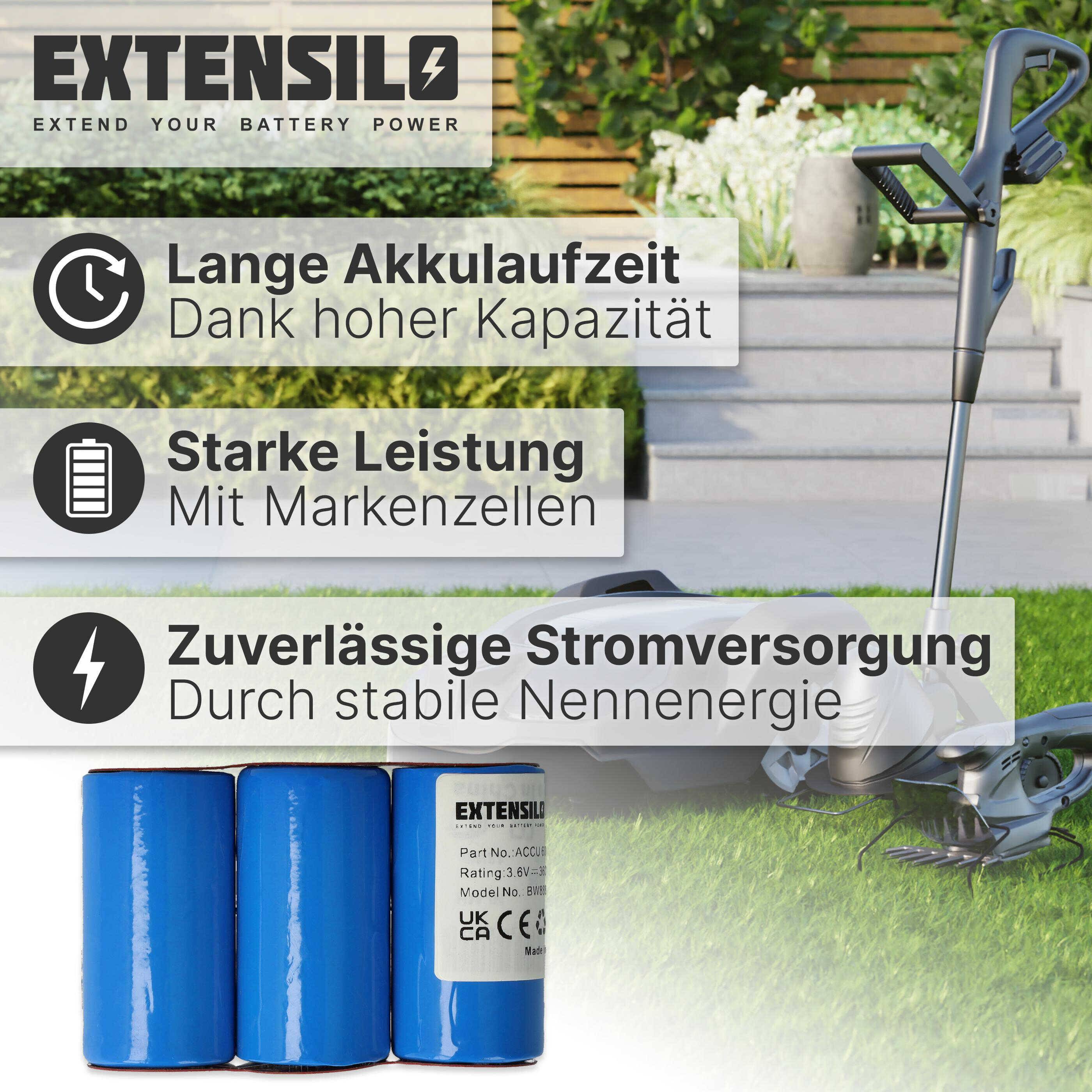 EXTENSILO Akku kompatibel mit Gardena Accu45 (8808), Accu60 (8800), Accu60 (8810) (3600mAh, 3,6V, NiMH)
