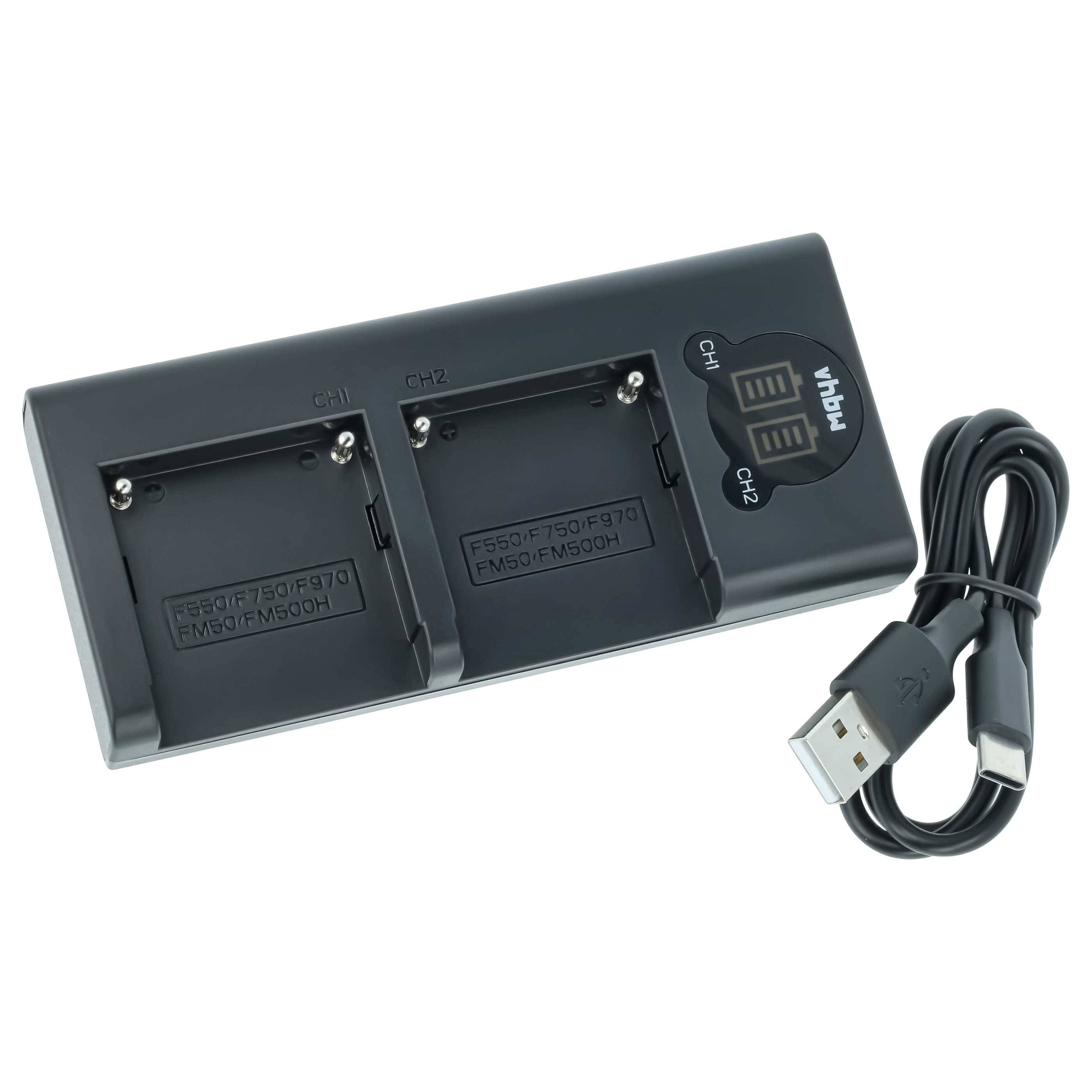 vhbw Dual Micro-USB + USB-C Ladegerät kompatibel mit Sony MiniDV CCD-TRV615, CCD-TRV58, CCD-TRV62 Kamera - Ladeschale + USB-C Kabel Ladeanzeige