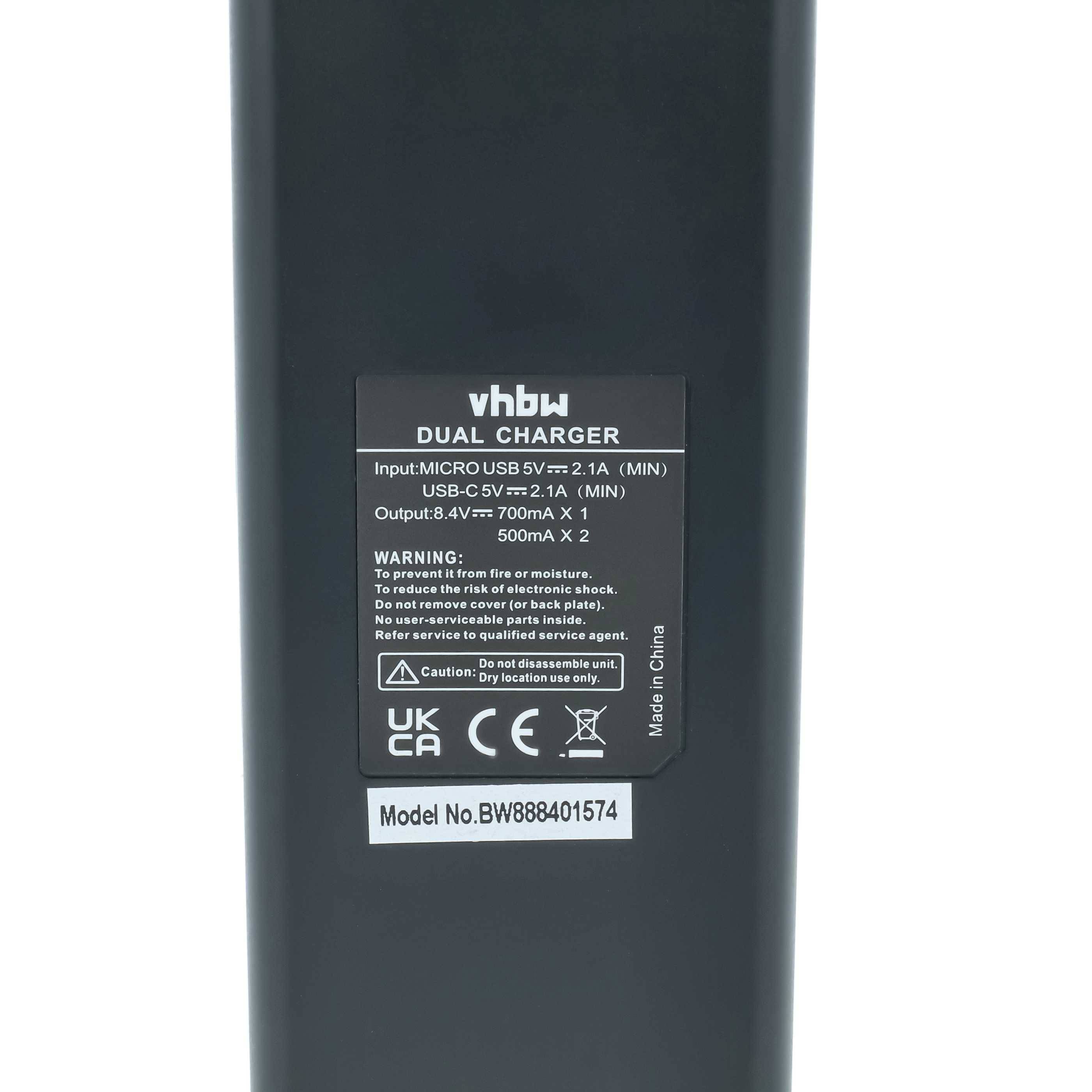 vhbw Dual Micro-USB + USB-C Ladegerät kompatibel mit Sony MiniDV CCD-TRV615, CCD-TRV58, CCD-TRV62 Kamera - Ladeschale + USB-C Kabel Ladeanzeige