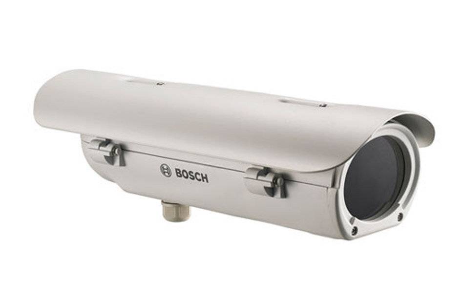 Bosch-Außen-CCTV-Kamera in einem schützenden zylindrischen Gehäuse, dargestellt vor weißem Hintergrund.