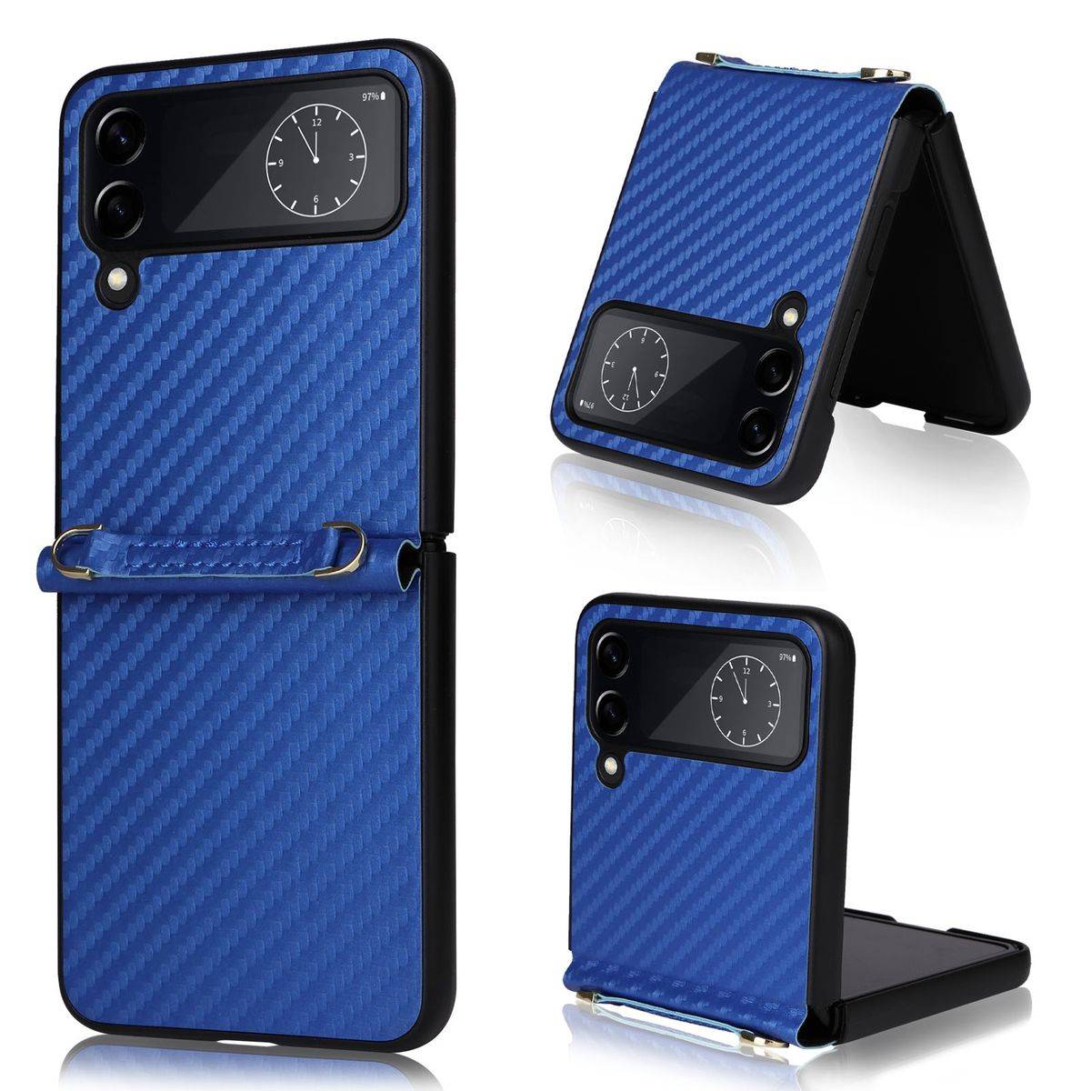Für Samsung Galaxy Z Flip4 5G Kunstleder / Kunststoff Kohlefaser Struktur Handy Tasche Hülle Etuis Blau