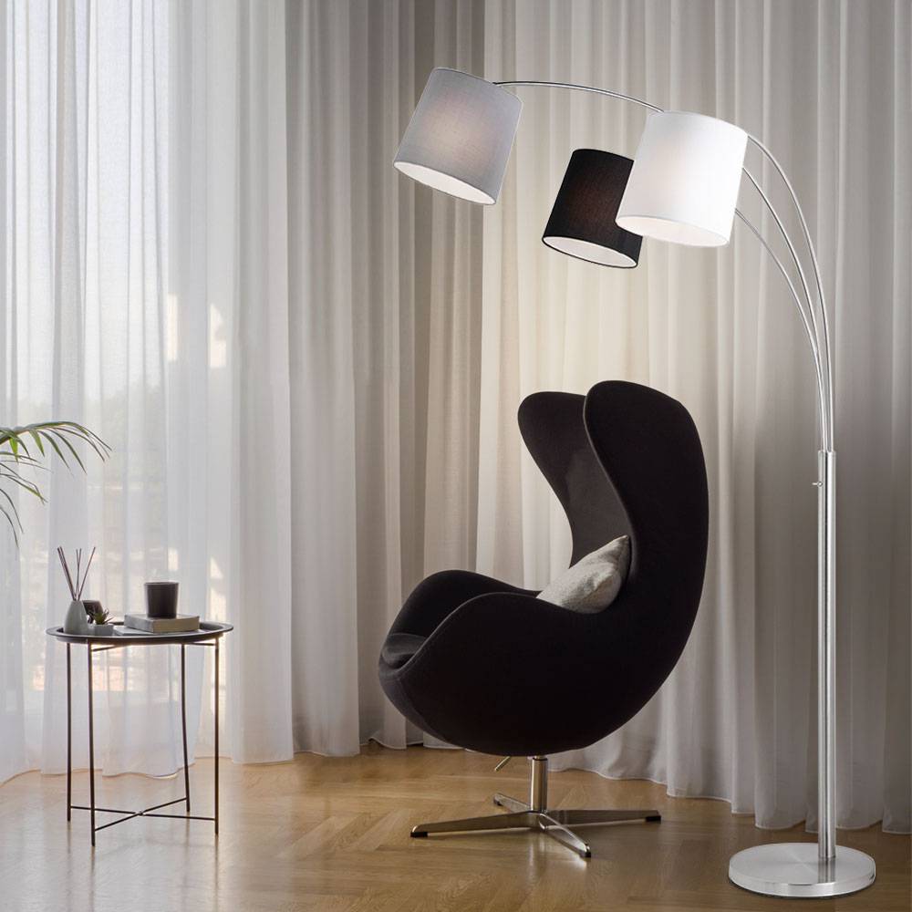 Bogenlampe Wohnzimmer Stehlampe schwarz weiß grau Stehleuchte dreiflammig Stoffschirm, 3x E27, LxH 100 x 190 cm