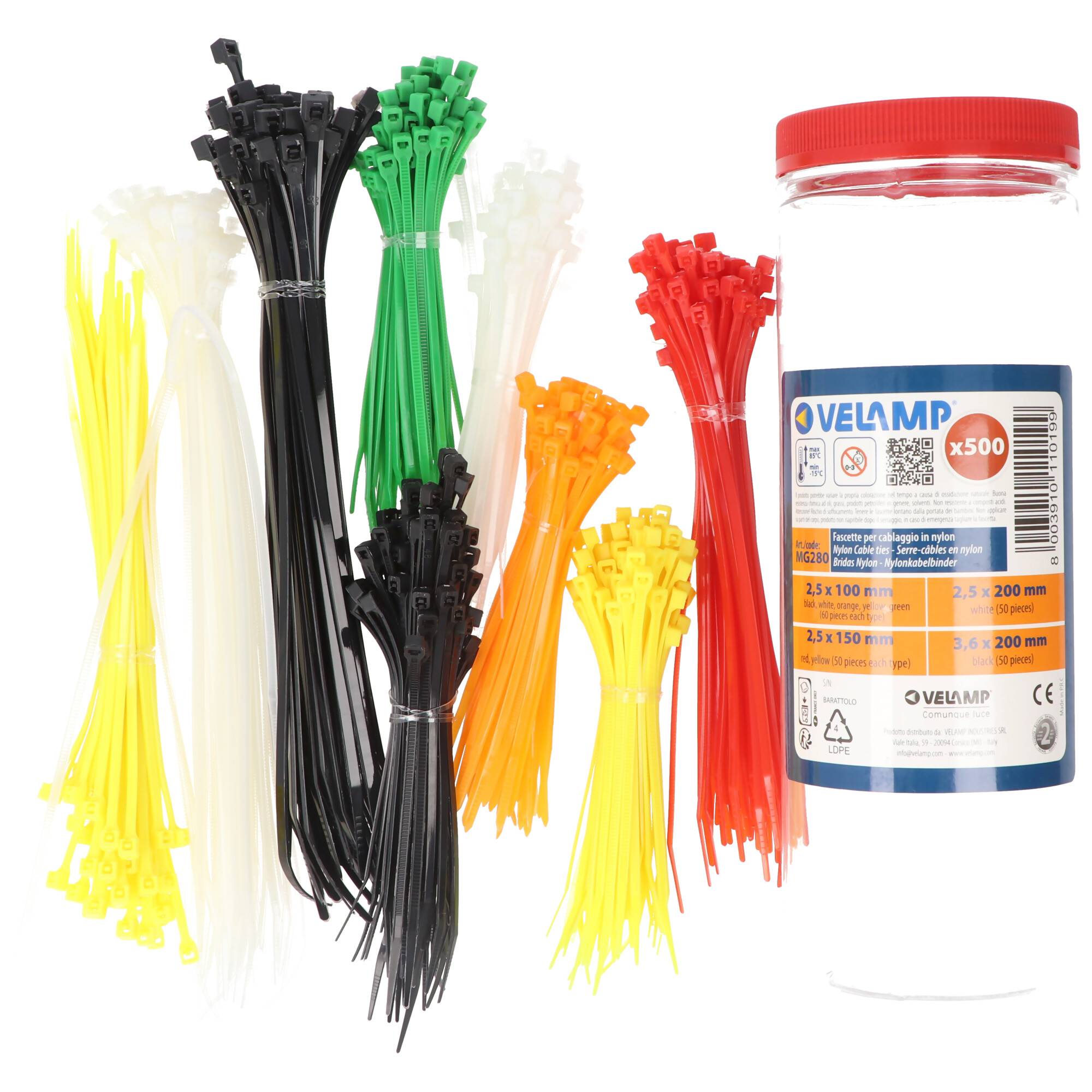Velamp Sortiment von 500 bunten Nylon-Kabelbindern