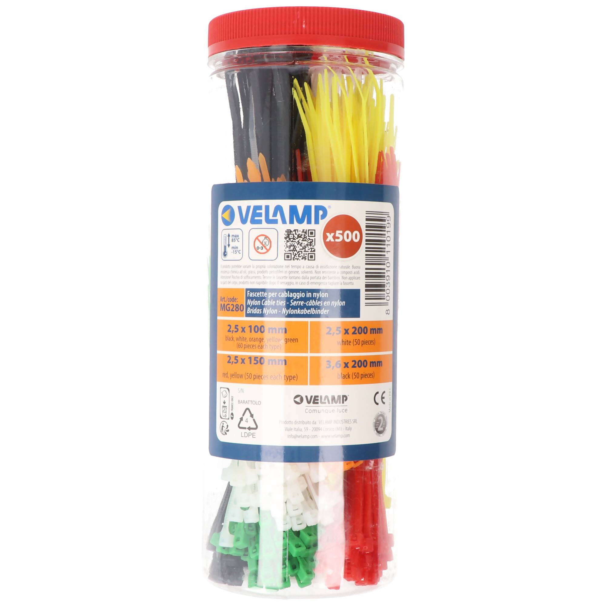 Velamp Sortiment von 500 bunten Nylon-Kabelbindern