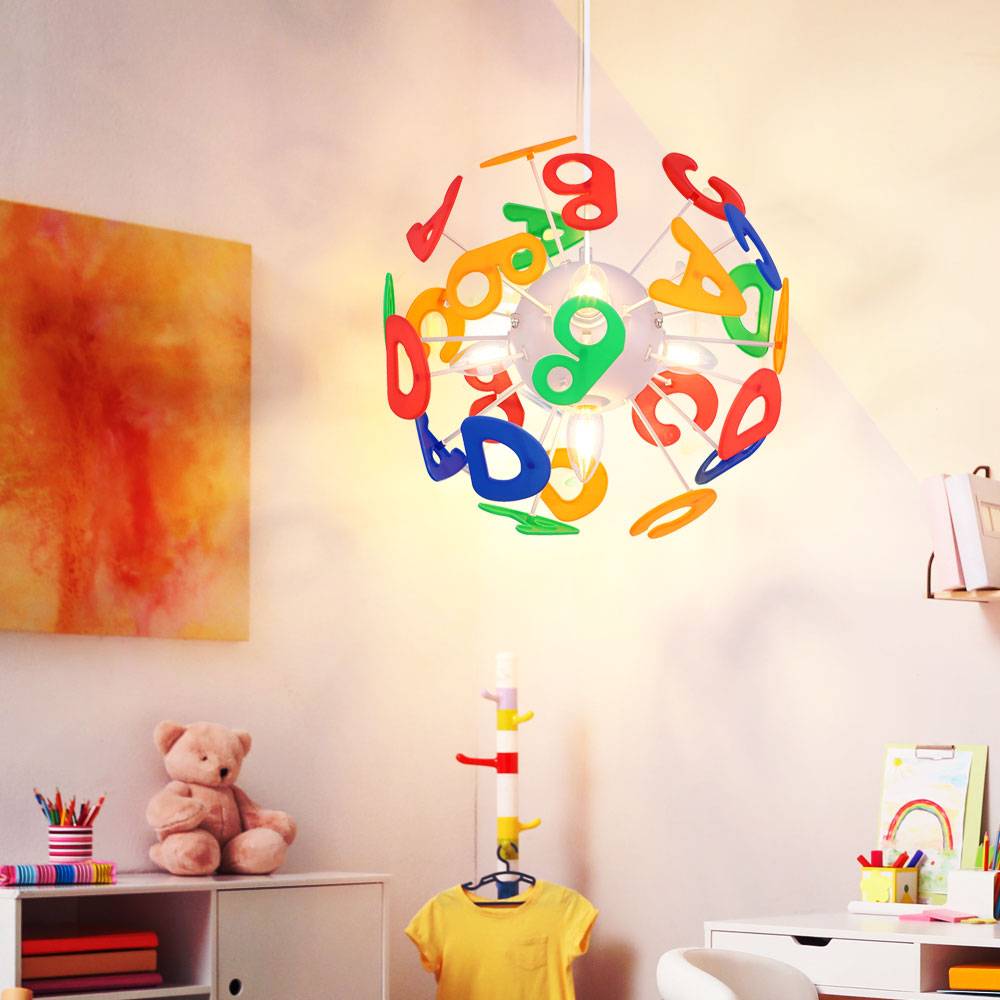 Pendelleuchte Kinderzimmer Hängelampe Buchstaben Kinderlampe in Kugelform, Kunststoff bunt, Fassungen 4x E14, DxH 35x120 cm