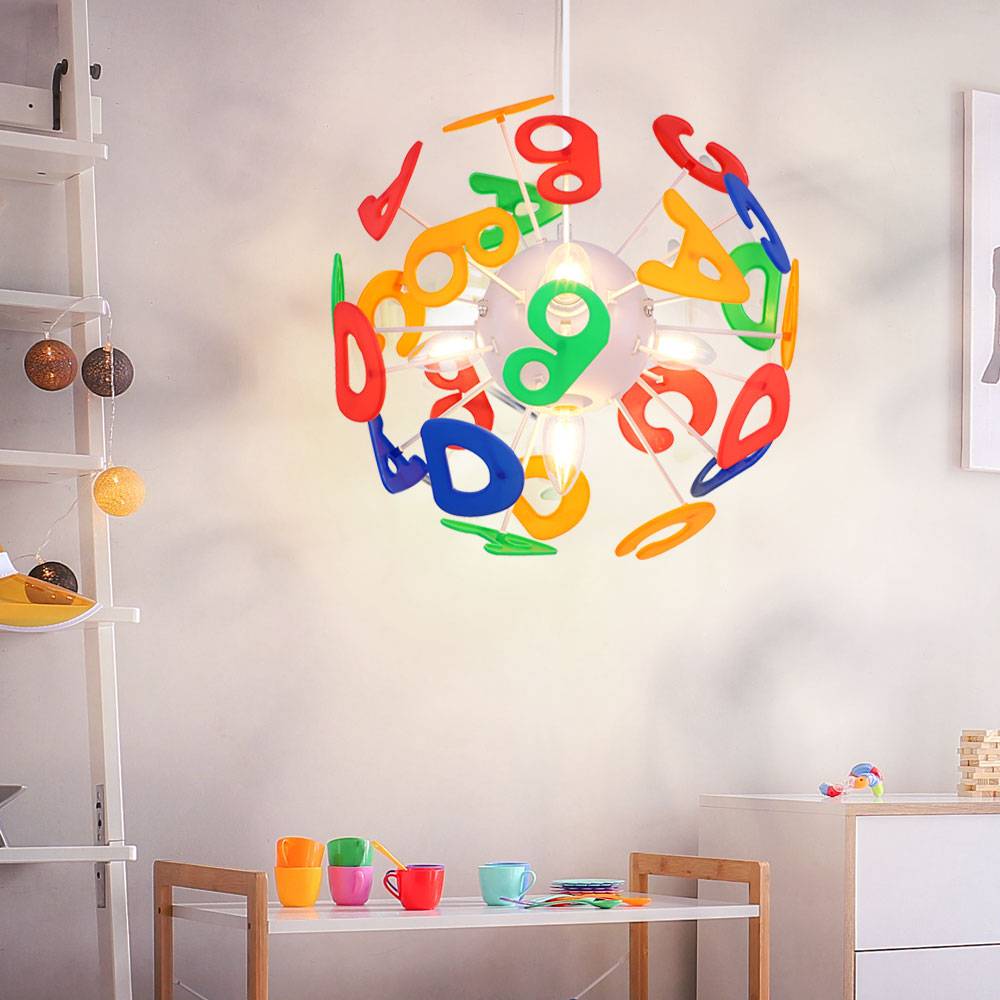 Pendelleuchte Kinderzimmer Hängelampe Buchstaben Kinderlampe in Kugelform, Kunststoff bunt, Fassungen 4x E14, DxH 35x120 cm