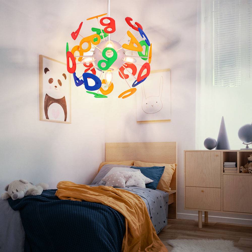 Smart Pendelleuchte Kinderzimmer Hängelampe Buchstaben Kinderlampe in Kugelform, bunt, App Steuerung CCT dimmbar, RGB LED 5W 470Lm, DxH 35x120 cm