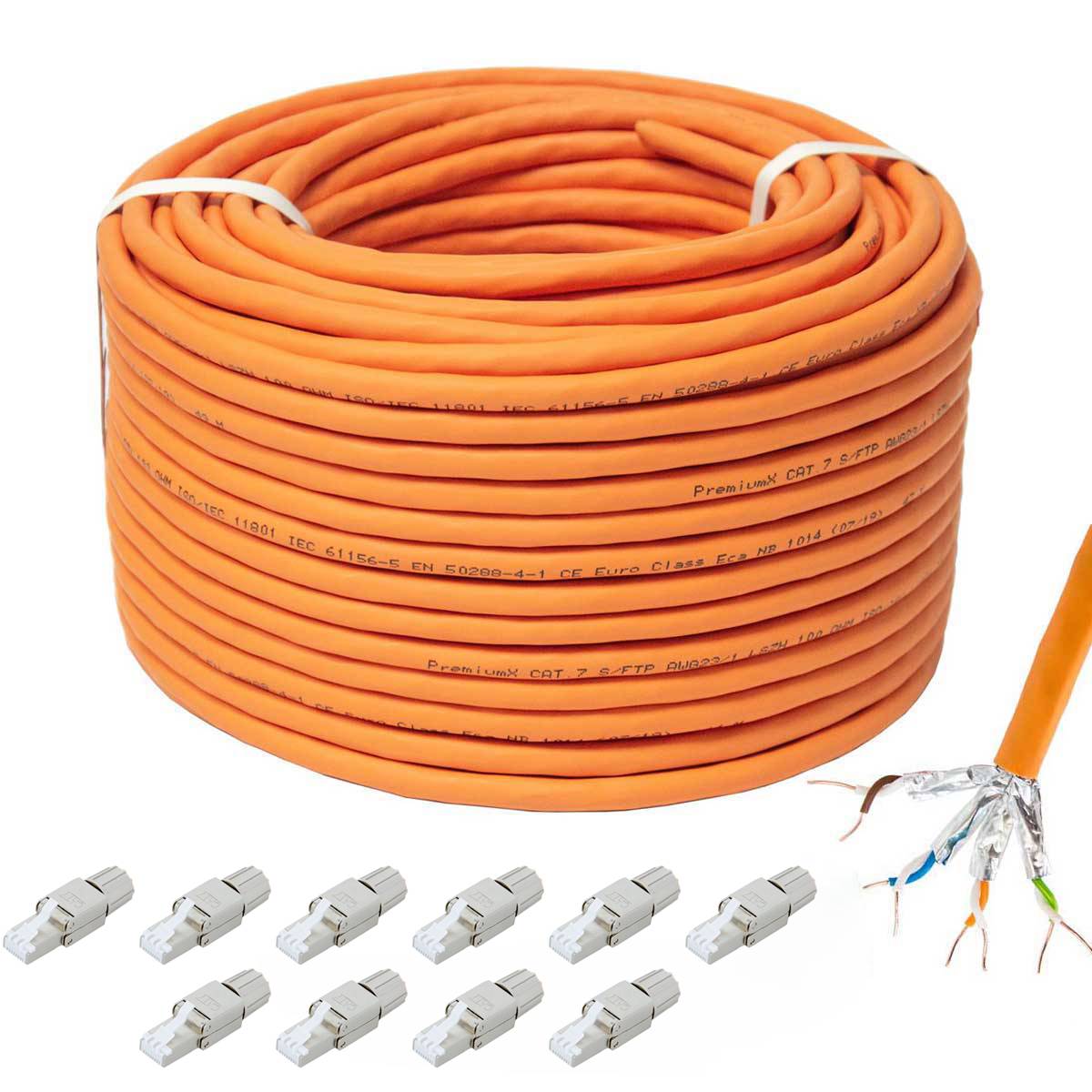 PremiumX 100m CAT 7 Netzwerkkabel Simplex LAN-Kabel Ethernet S/FTP PiMF Cat7 Verlegekabel + 10x RJ45 Netzwerkstecker