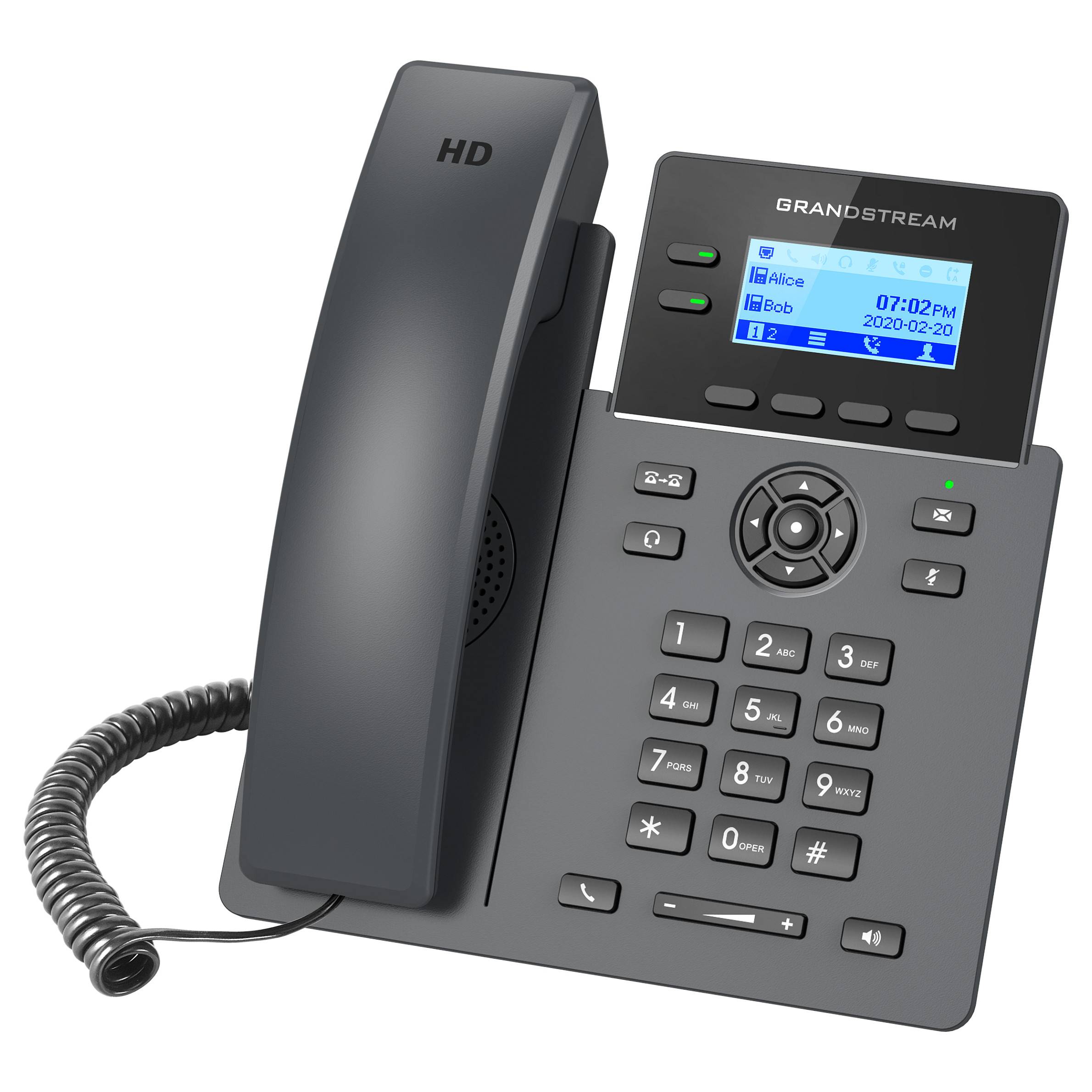 Schwarzes Grandstream-Tischtelefon mit Hörer, blauem Display, Tastatur und Funktionstasten.