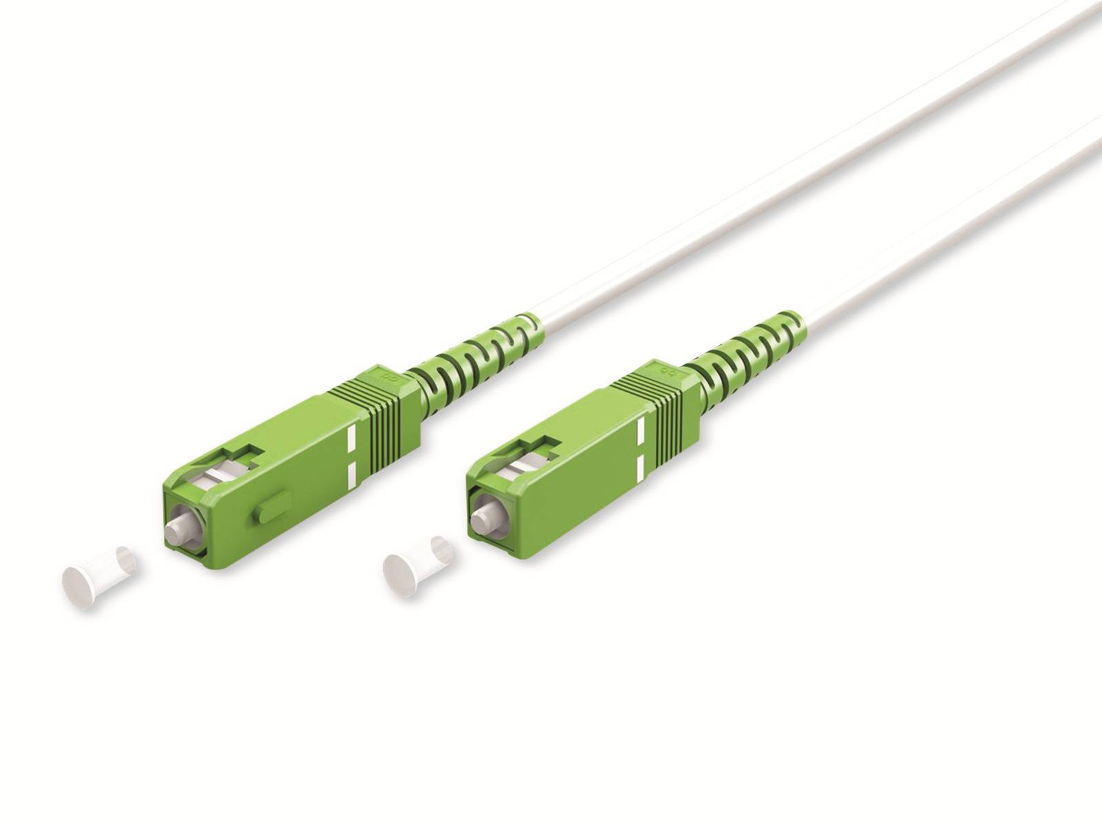 Zwei grüne Lichtwellenleitersteckverbinder mit weißem Kabel, dargestellt getrennt und bereit zum Verbinden.