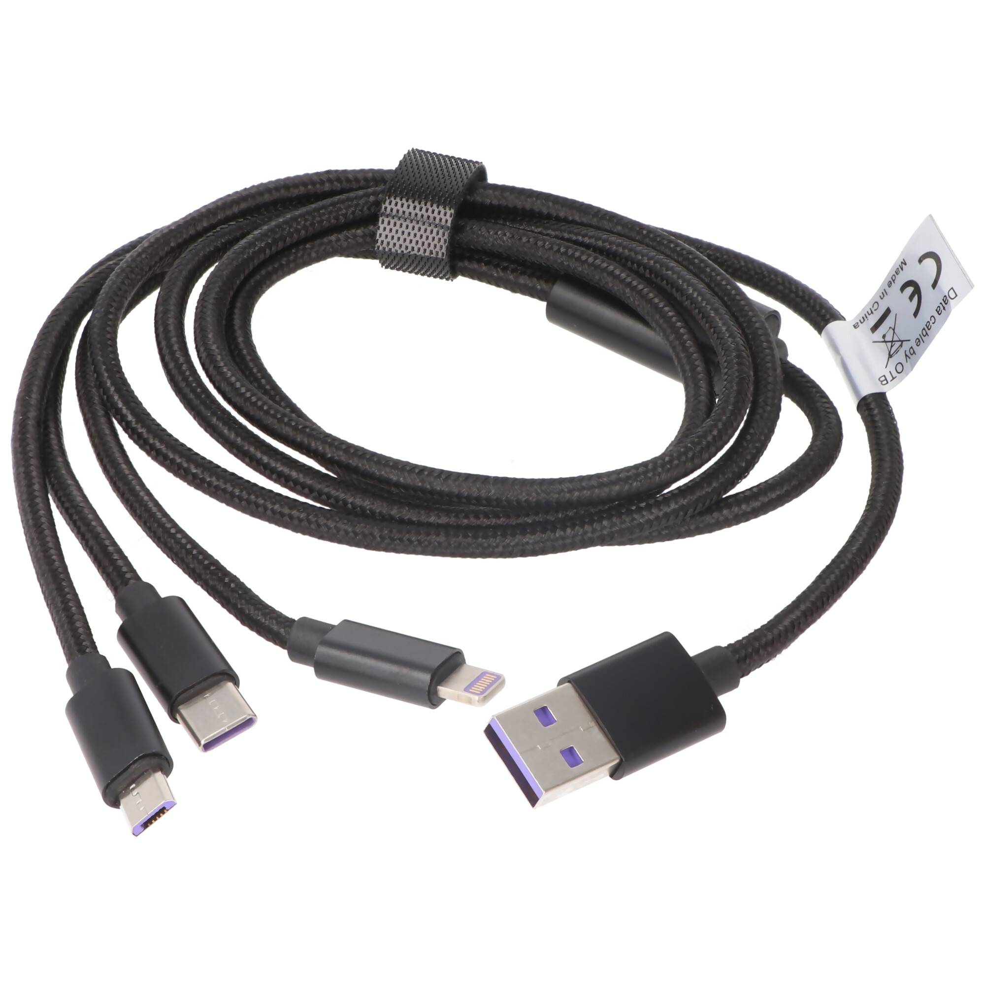 3IN1 USB Datenkabel passend für USB-C, iPhone, MICRO-USB Kabel 1 Meter SCHWARZ
