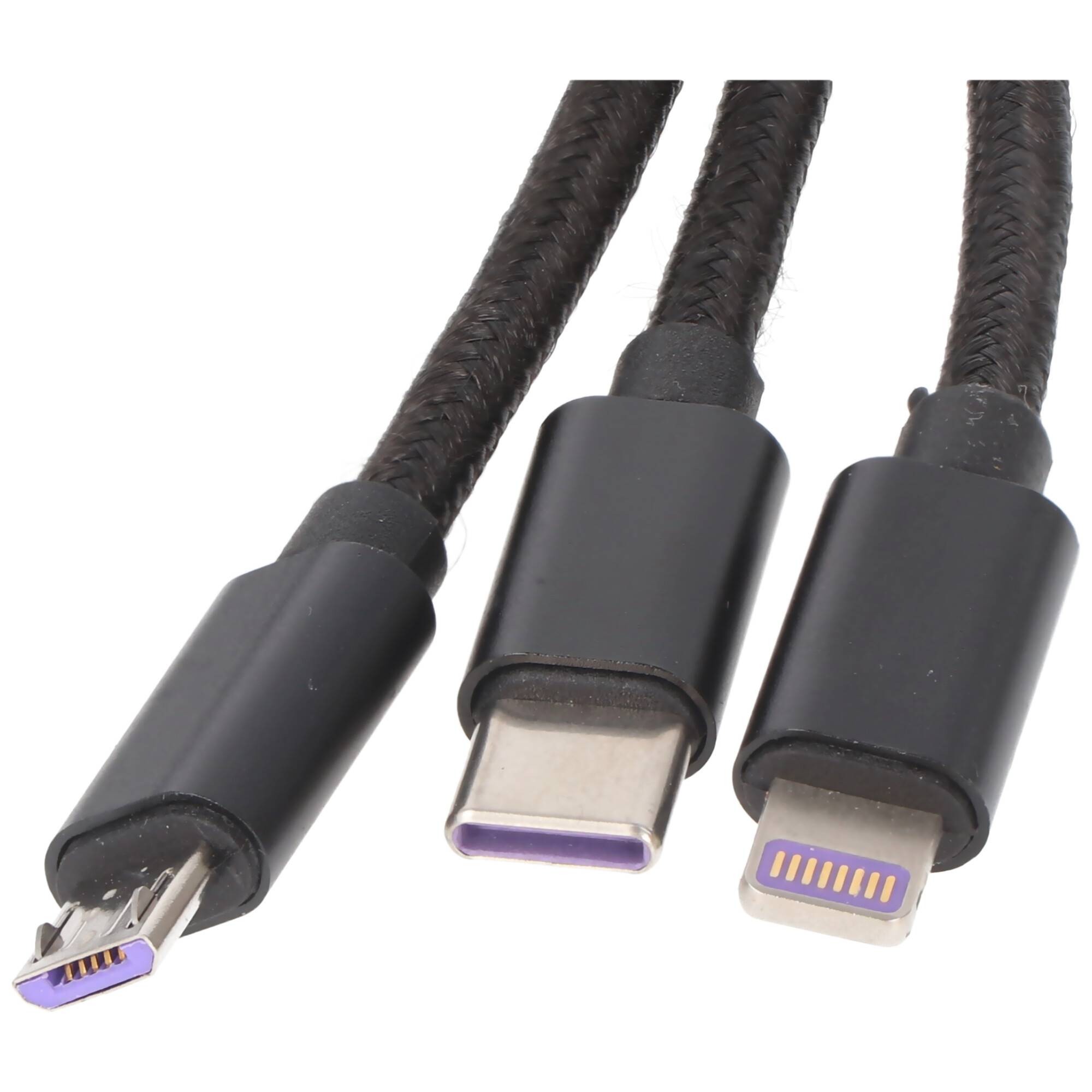 3IN1 USB Datenkabel passend für USB-C, iPhone, MICRO-USB Kabel 1 Meter SCHWARZ