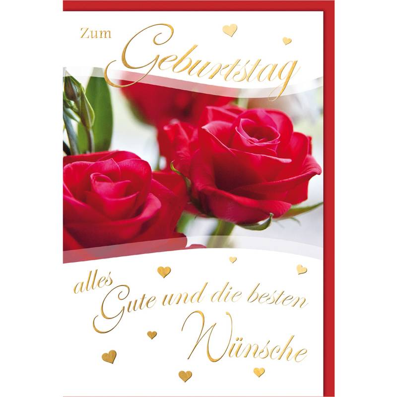 Eine Karte mit roten Rosen und goldener Schrift, auf der 
