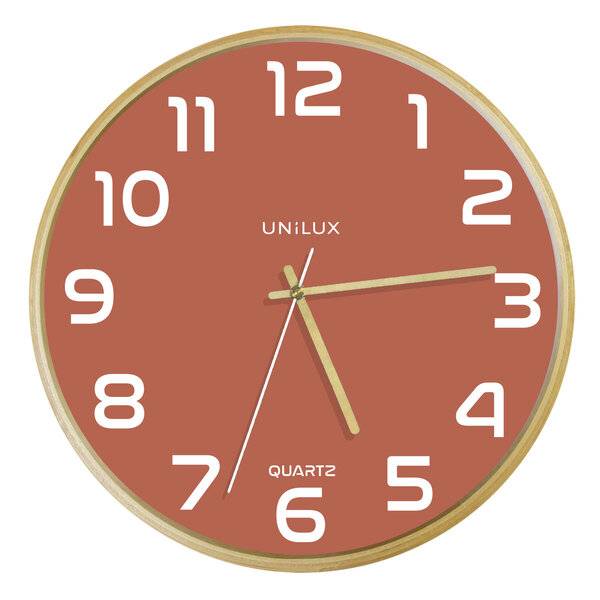 Runde analoge Wanduhr mit braunem Zifferblatt und goldenem Rand, zeigt die Marke „UNILUX