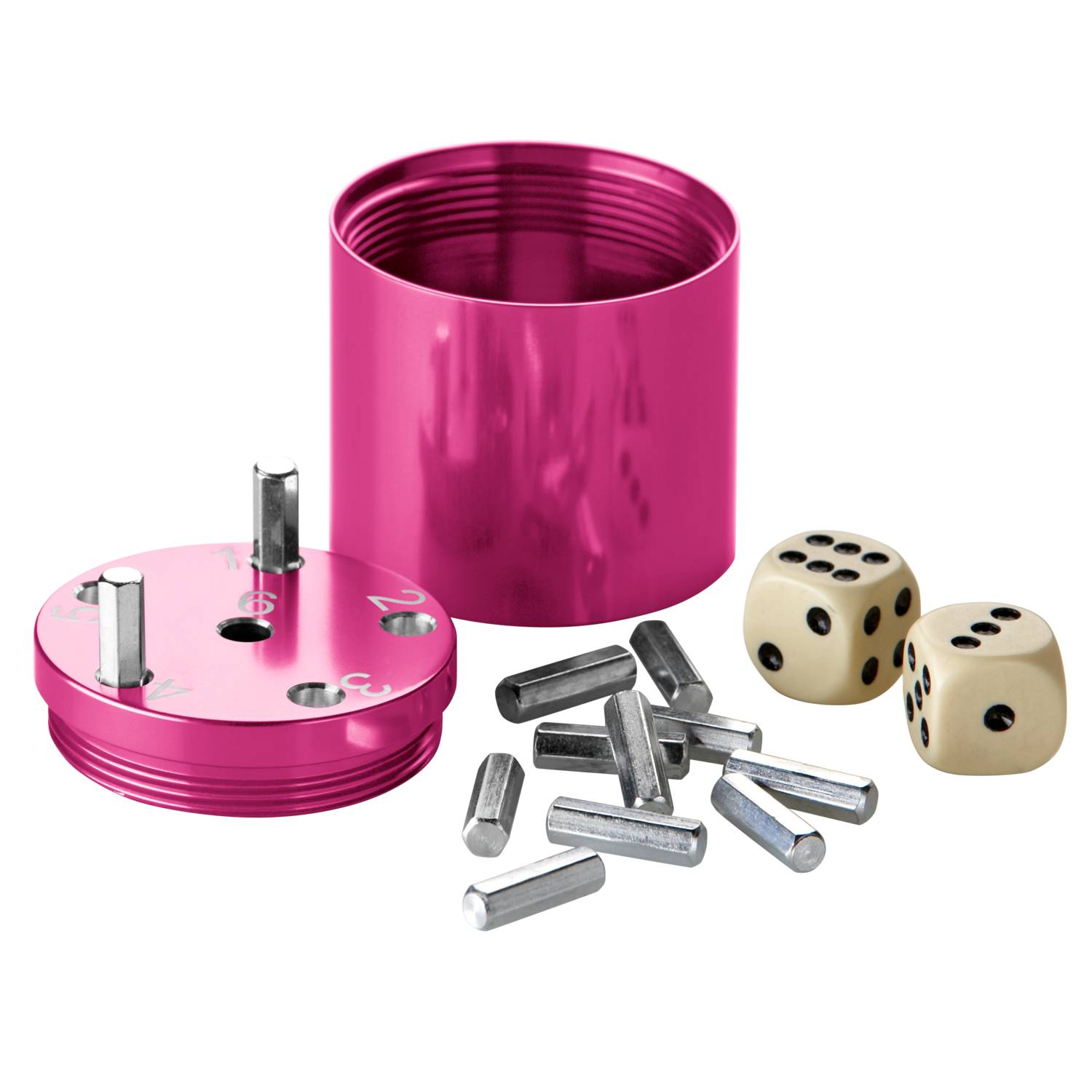BestSaller 3008 SUPER SIX Würfelspiel Aluminum, 36 Spielstäbchen & 2 Würfel, pink